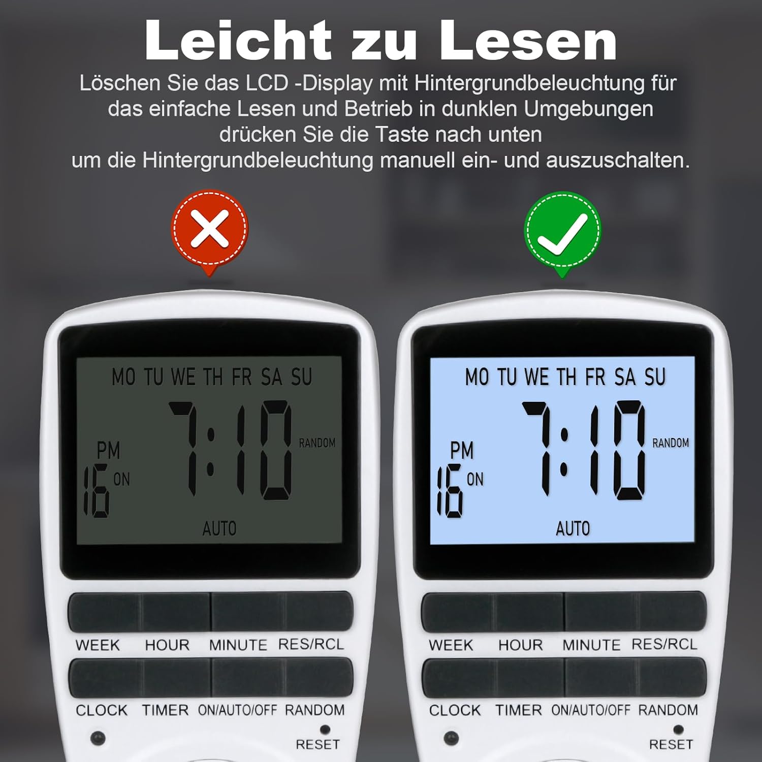 Comparison of timer display with and without backlight