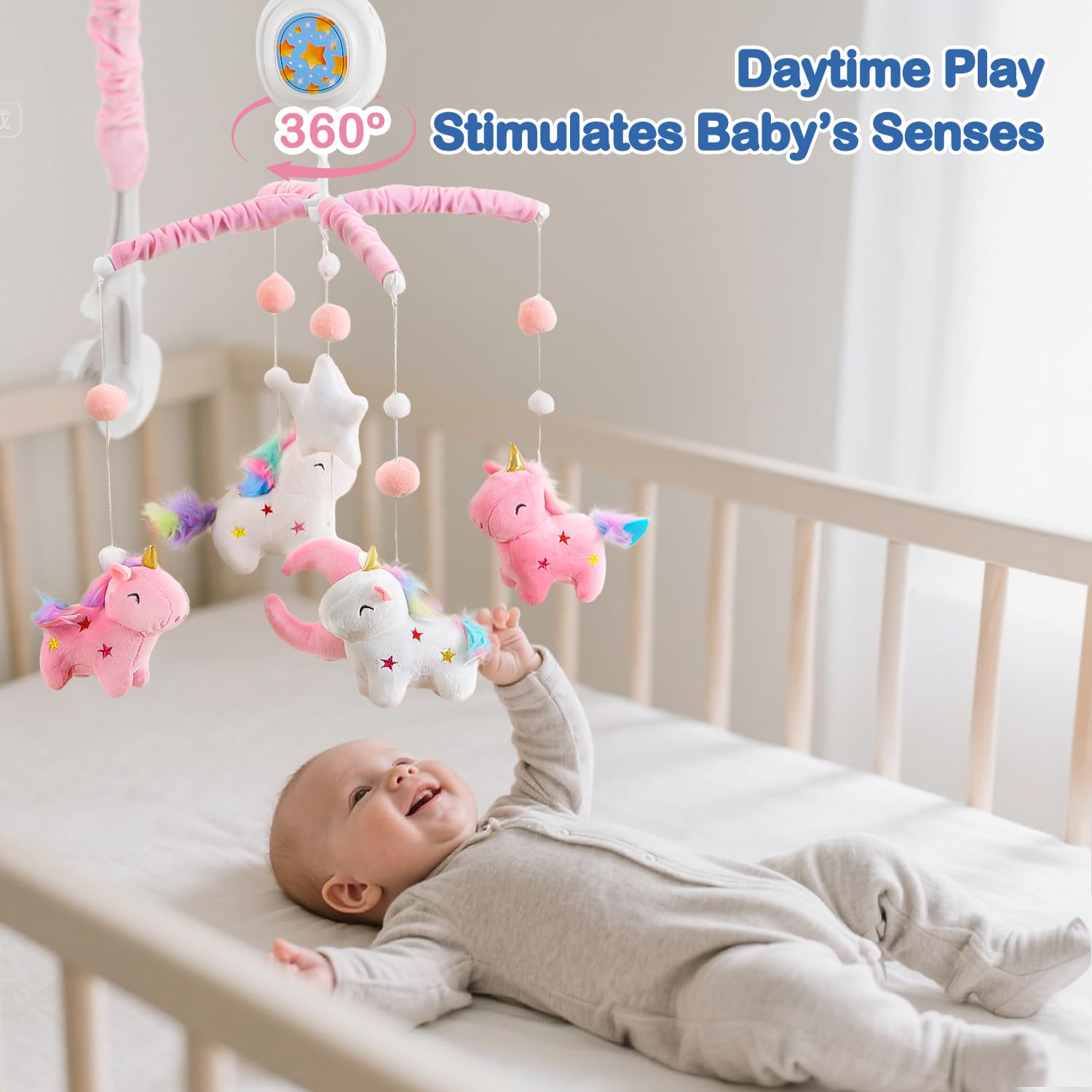 Unicorn Baby Crib Mobile for Girls with Music Box (100+ Lullabies), Rotating Plush Crib Toys for Newborns Infant, Baby Shower Gift - Image 4