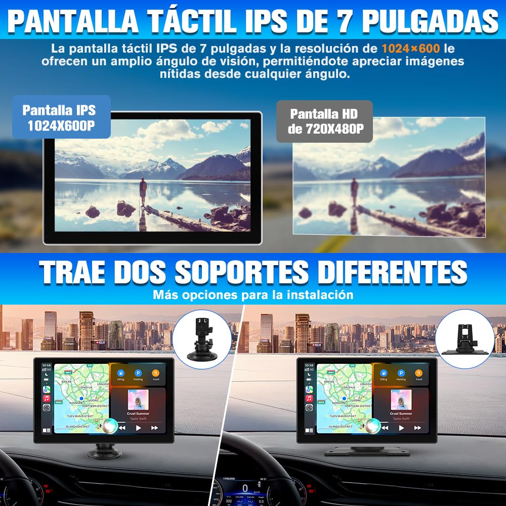 Pantalla Carplay para Coche con CarPlay/Android Auto Inalámbrico, Pantalla Táctil de 7 Pulgadas Portátil, Admite Bluetooth/Mirror Link/Control por Voz/USB/TF/AUX, Negra