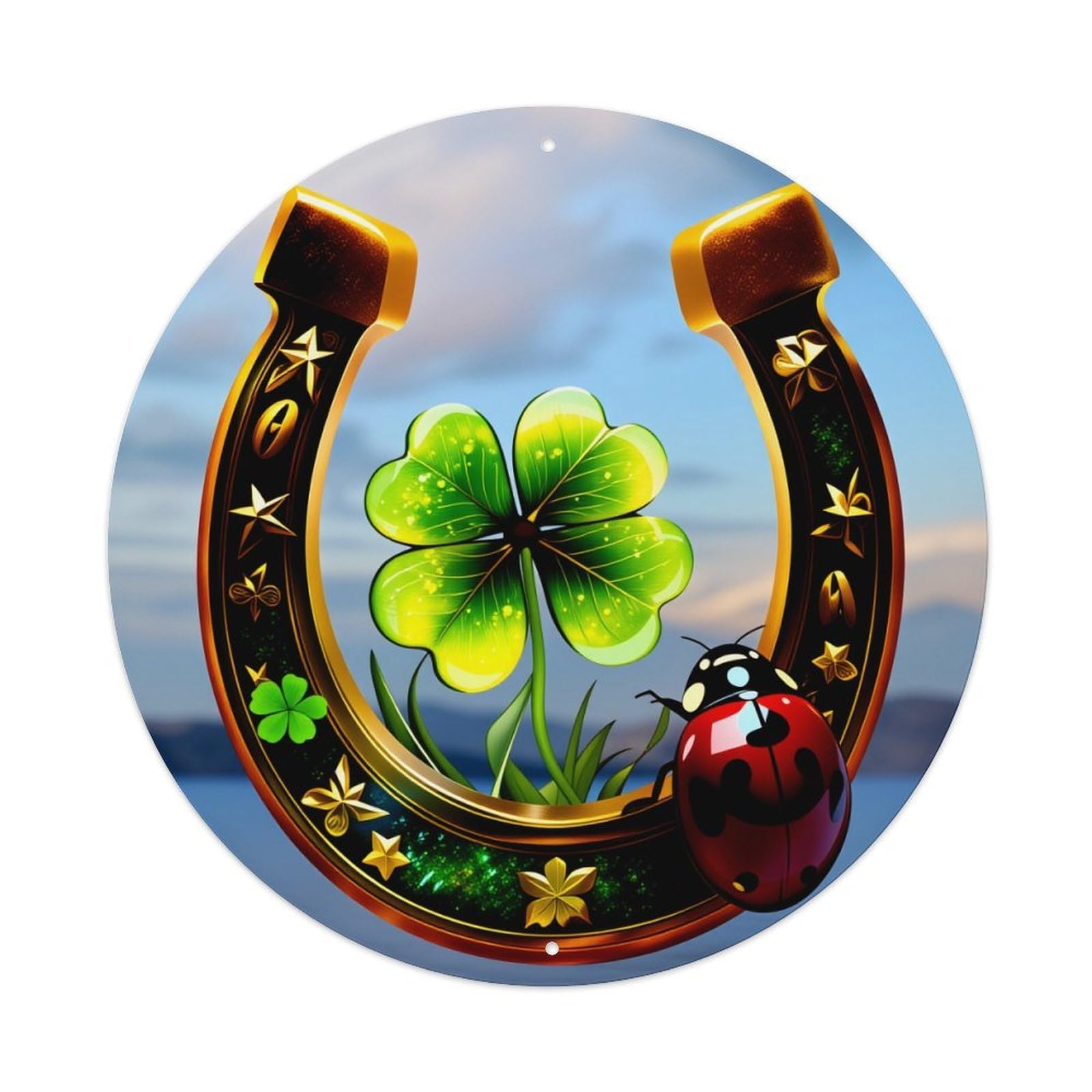 Horseshoe Clover Ladybug Stars Flowers Gold Round Vintage Tin Sign,Retro Wall Art,Metal Poster for Home, Bar, Garage, Cafe, Rustic Indoor & Outdoor Decor, 8x8 Inches