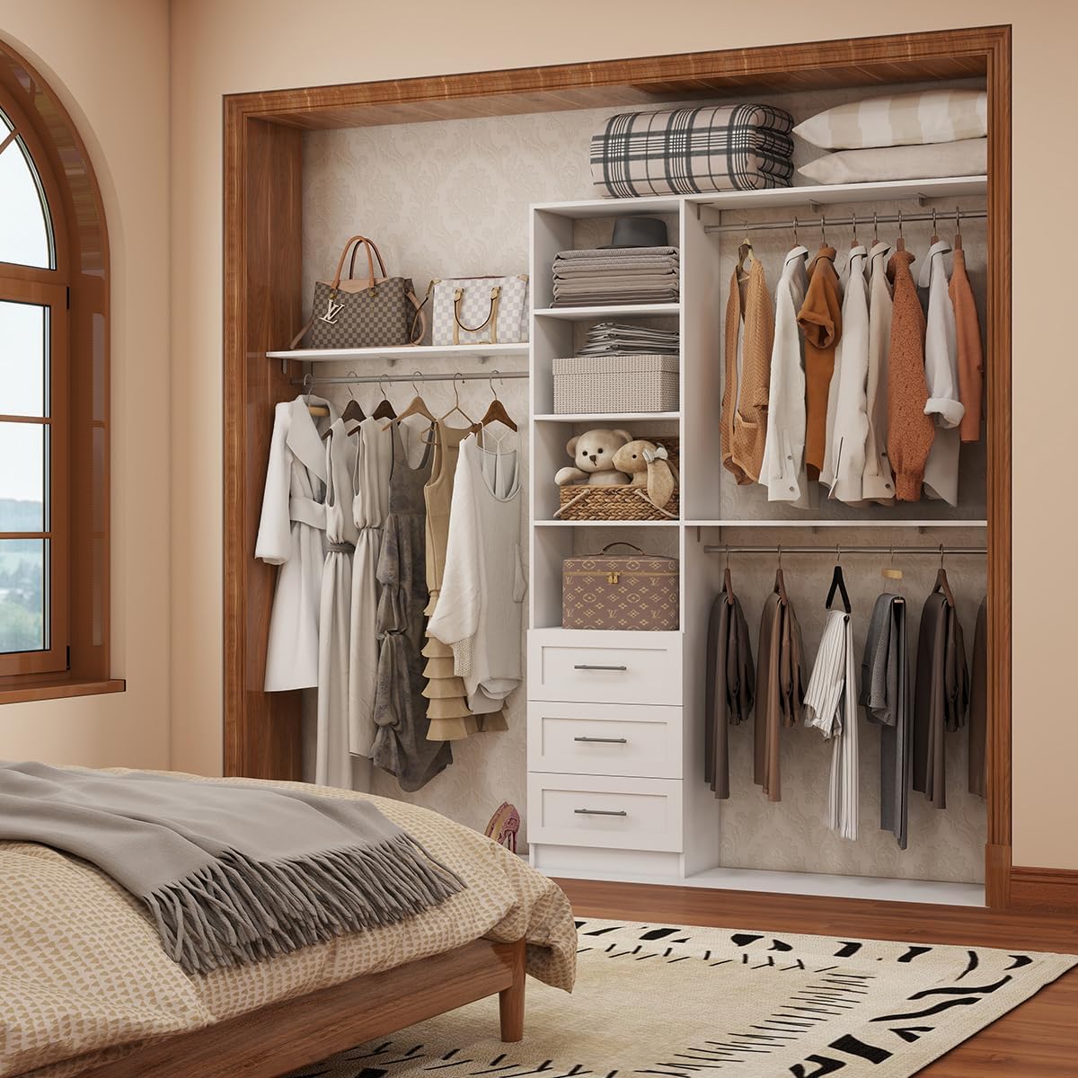 dilando closet organizer system wooden shelves and drawers detail