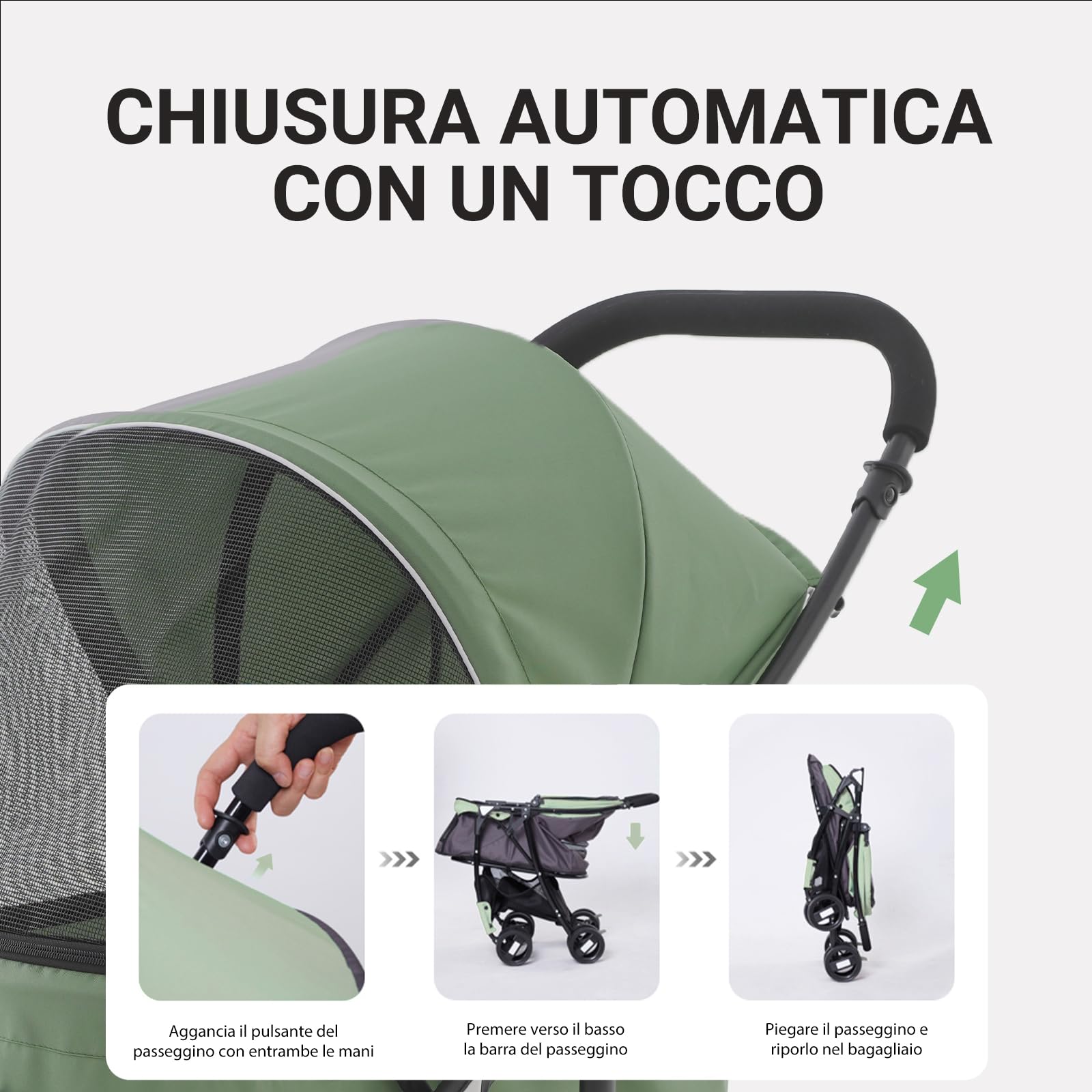 Sunny Sonny Passeggino pieghevole per animali domestici, con copertura per le intemperie, cestino portaoggetti, per cani e gatti S/M fino a 15 kg (verde)