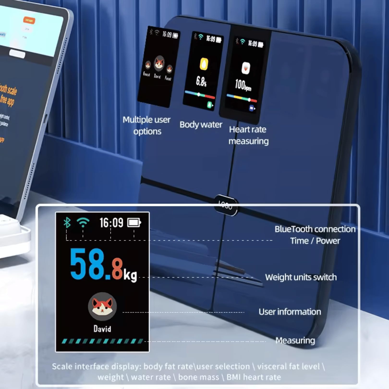 Bilancia Pesapersone Digitale Smart Professionale 180kg - Impedenziometrica con WiFi & Bluetooth, 16 Parametri BIA, Alta Precisione 0,1kg, 4 Elettrodi e Display a Colori TFT