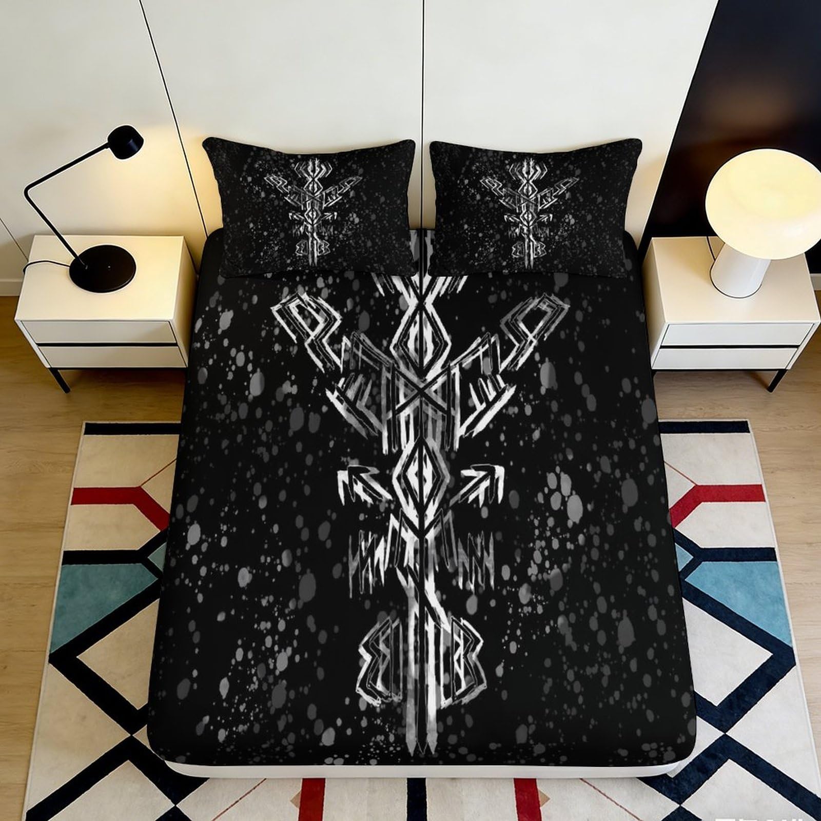 3D Printed Tribal Black Fitted Sheet Microfiber Soft Breathable Ethnic Symbol Mattress Cover for Bedroom Dorm Decor 90x200x25cm