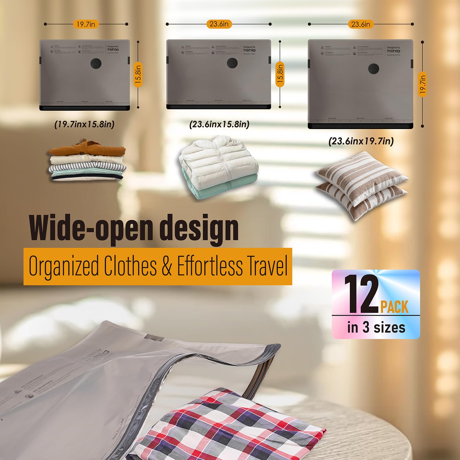 Bolsas de vacío de viaje con bomba inalámbrica recargable para equipaje, paquete de 12 bolsas de almacenamiento portátiles que ahorran espacio para viajes y hogar, cubos de embalaje de compresión para