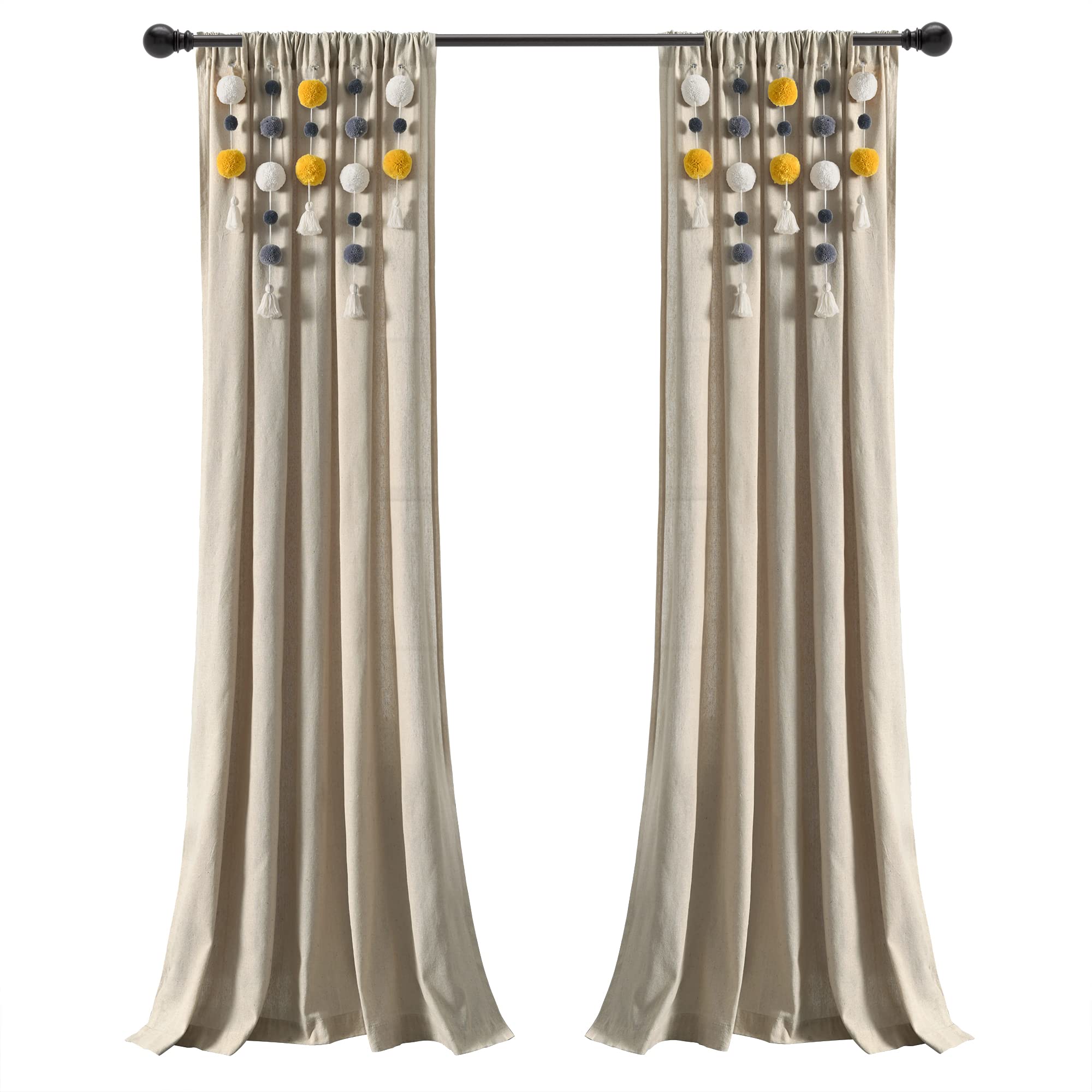 Lush Decor Tenda per finestra in lino con pompon bohémien (pannello singolo), 213,4 cm di lunghezza x 132,1 cm di larghezza, giallo e grigio