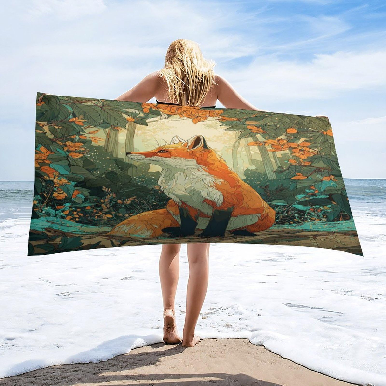 Luyysky Modern Realistic Animal Fox Absorbent Beach Towel, Colorful Vintage Autumn Forest Hunting Theme Wildlife Fox Outdoor Single-Sided Velvet Beach Towel-80 W Cm X 160" L Cm