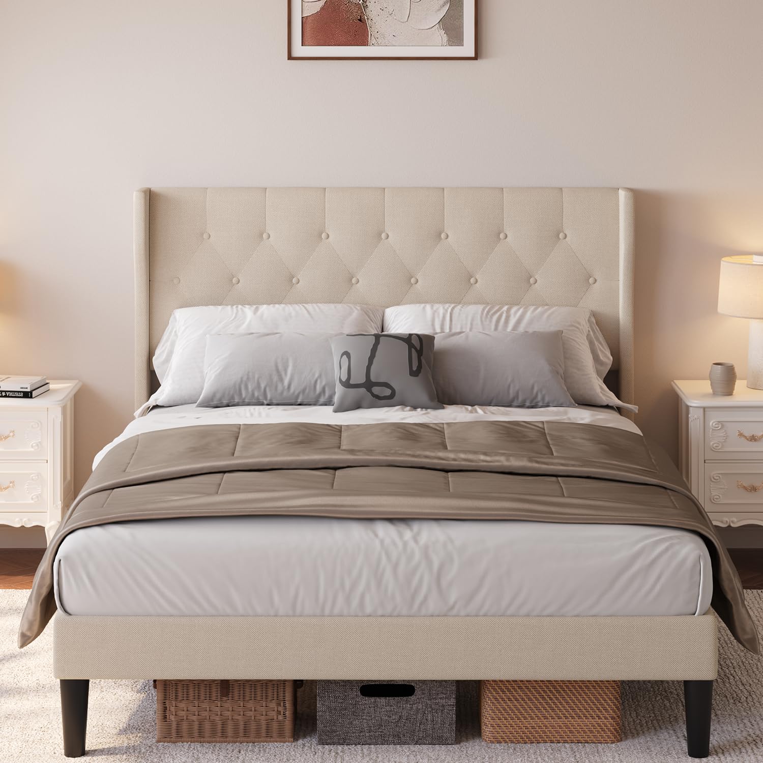 Assembled Aiho Queen Size Upholstered Bed Frame in a bedroom setting
