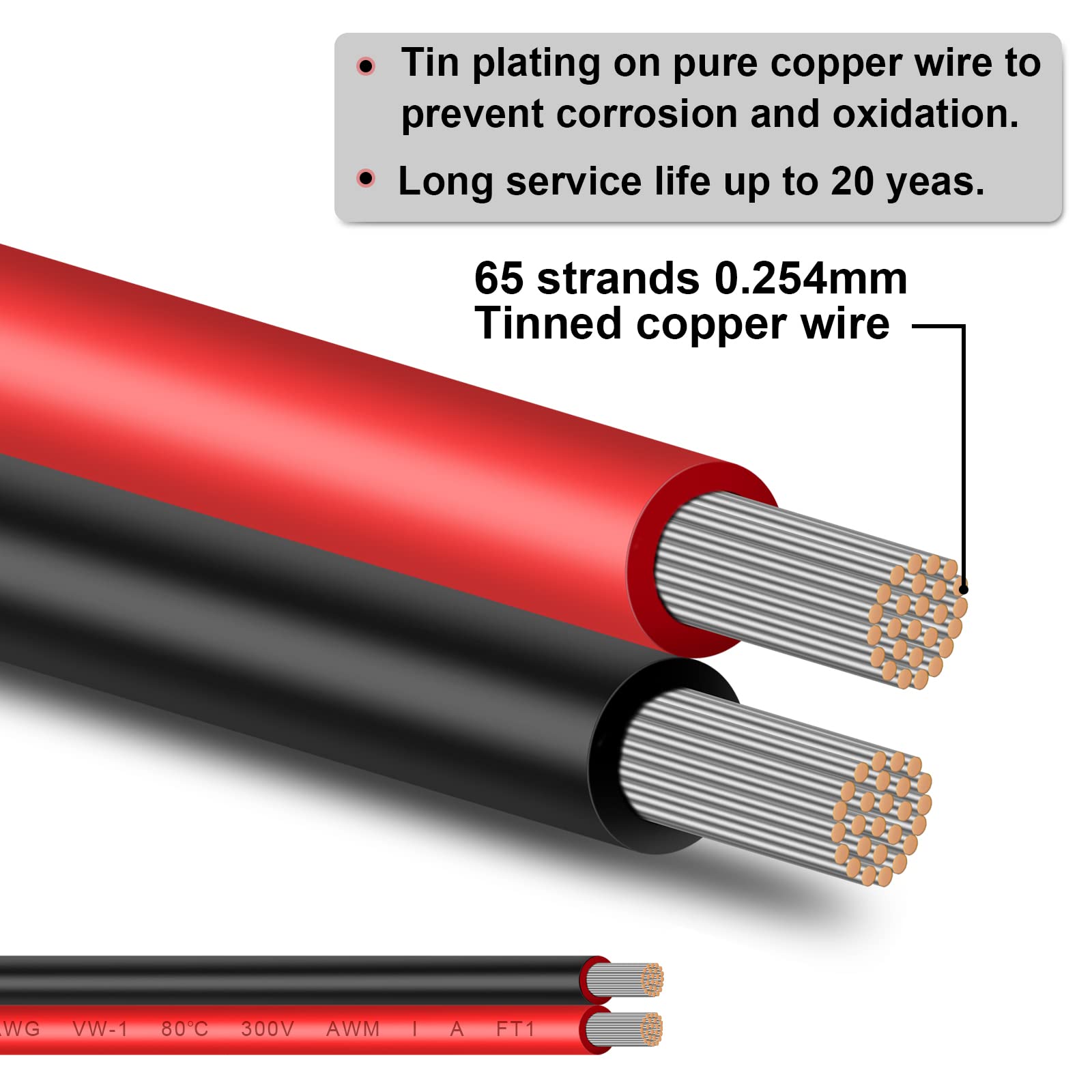 Fil électrique en cuivre étamé 12 AWG – 15,2 m, 2 conducteurs parallèles, noir, isolation en PVC, panneau solaire, LED, automobile, camping-car, onduleur