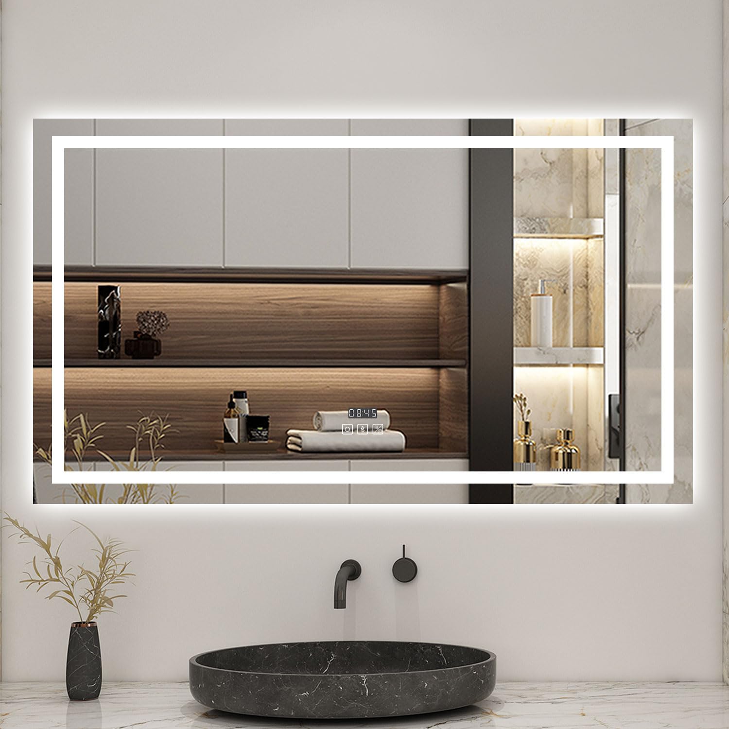 AICA Miroir Salle de Bain 120 x 70cm, Bluetooth + 3 Couleurs + dimmable + Horloge + Anti-buée + mémoire, Miroir Lumineux LED
