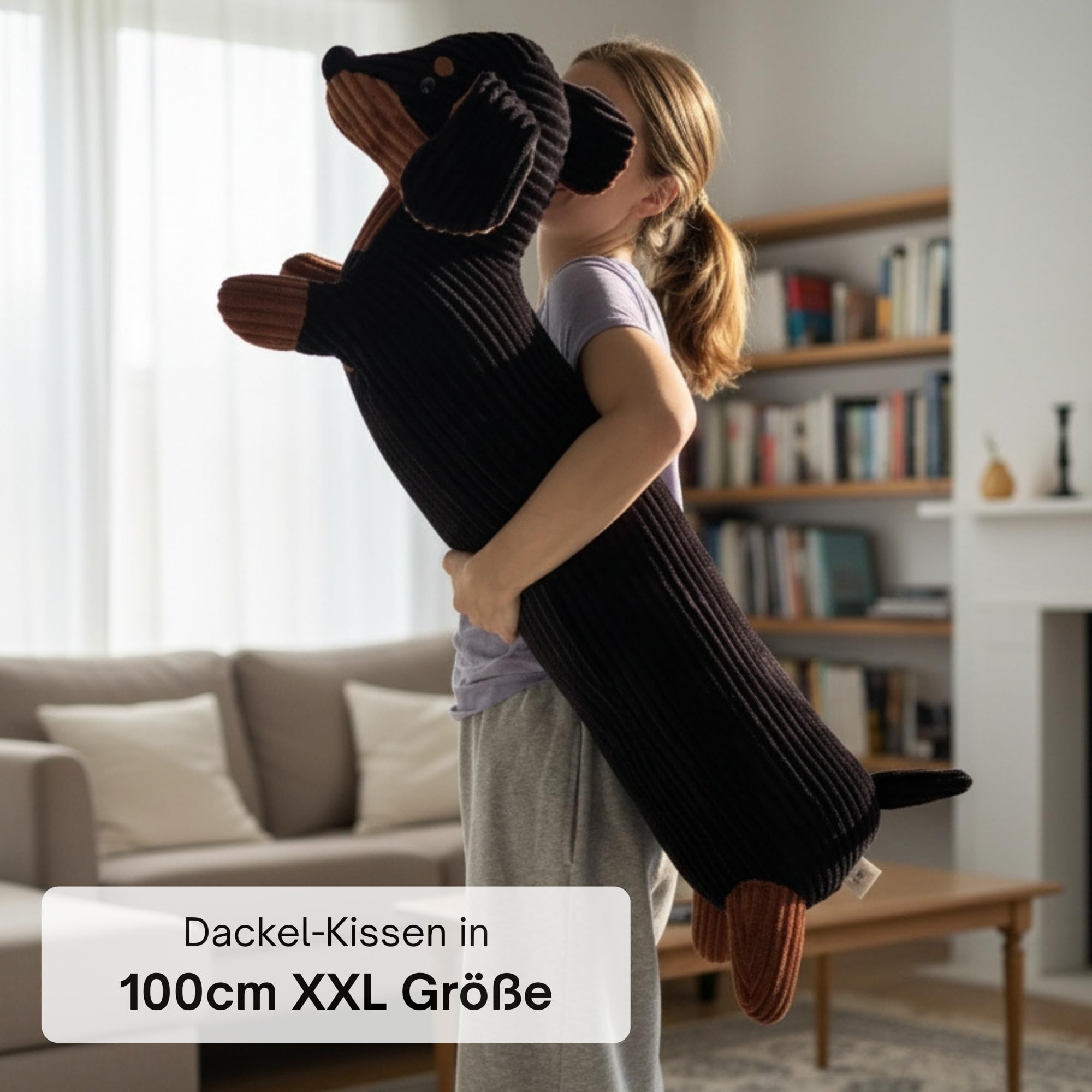 XXL Dackel Kissen 100cm Hundmotiv Seitenschläferkissen Cord-Bezug