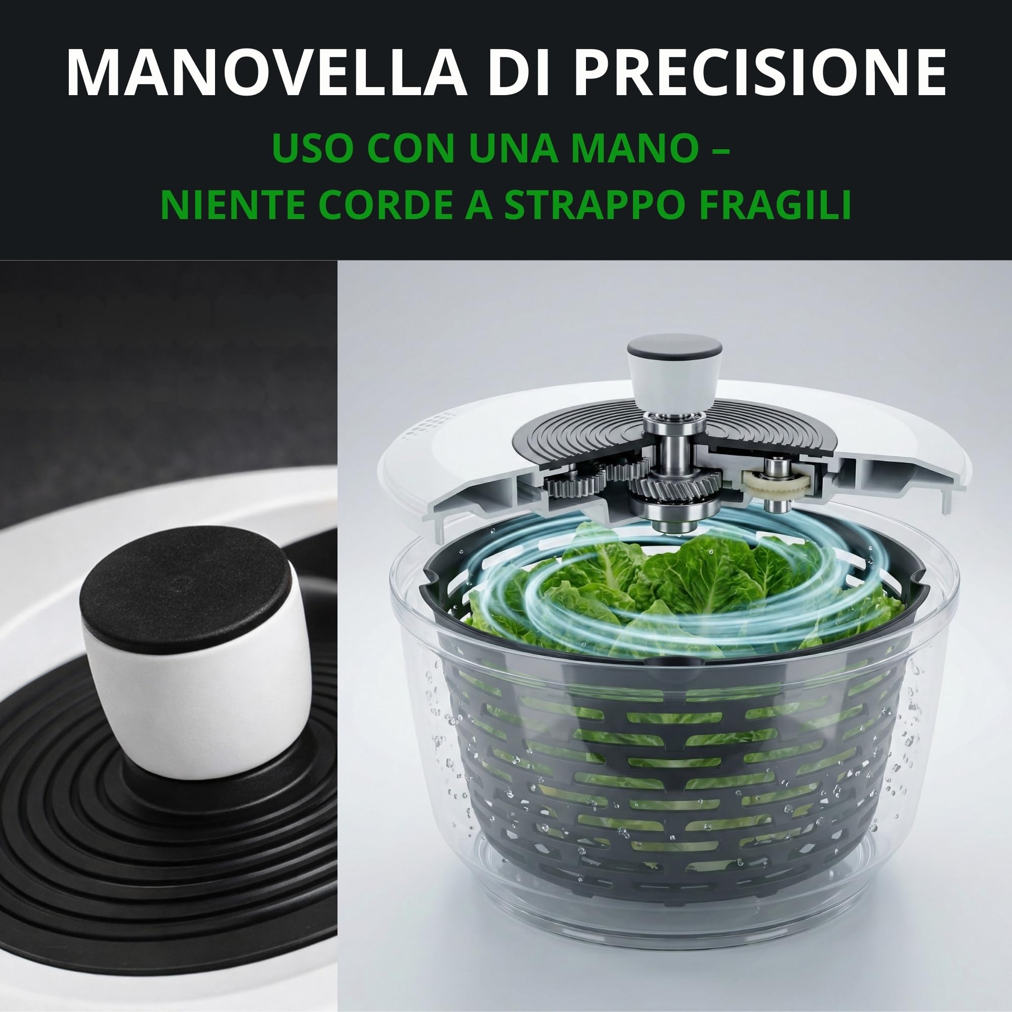 Centrifuga insalata Premium 5 L – 60 giorni di prova senza rischi – 2 in 1 antiscivolo: centrifuga & insalatiera – Ø 24,5 cm – senza BPA – lavastoviglie – per asciugare l’insalata – eBook incluso
