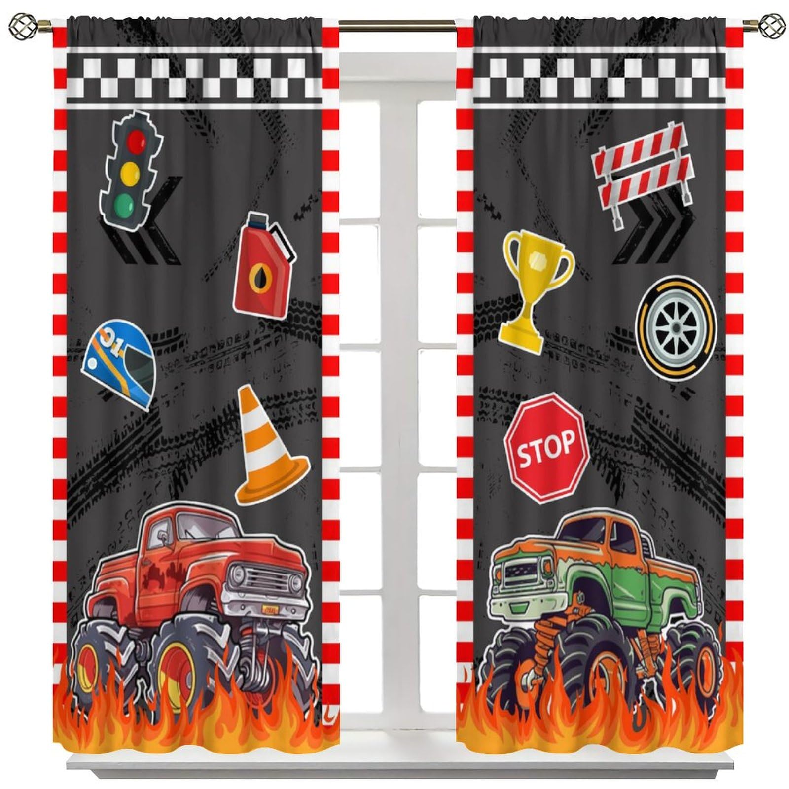 AAVEUP Kids Truck Curtains,Car Race Flag Red Flame Cartoon Monster Truck Trophy Tire Track Window Treatments Rod Pocket Drapes for Kids Boys Nursery Living Room Bedroom 42x45in?No Blackout?