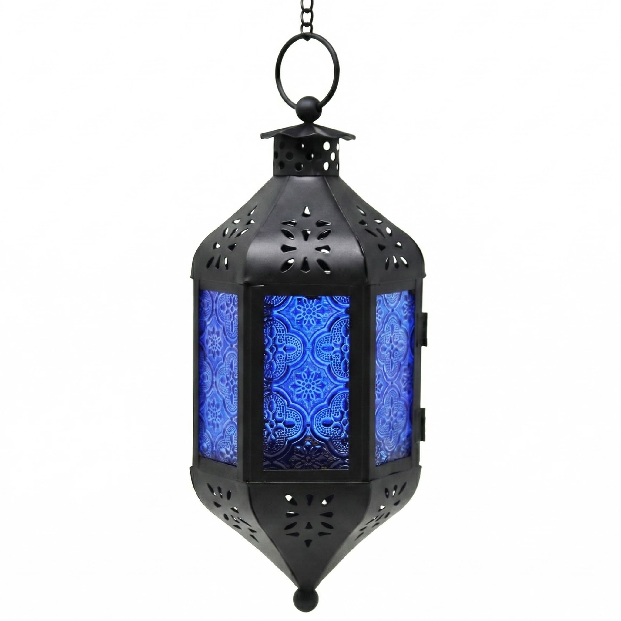 VELA LANTERNS 11.5" Hanging Moroccan Decorative Candle Lantern Lamp – Indoor/Outdoor Tea Light Candle Holder for Patio, Porch, Ramadan or Home Decor, Cobalt Blue