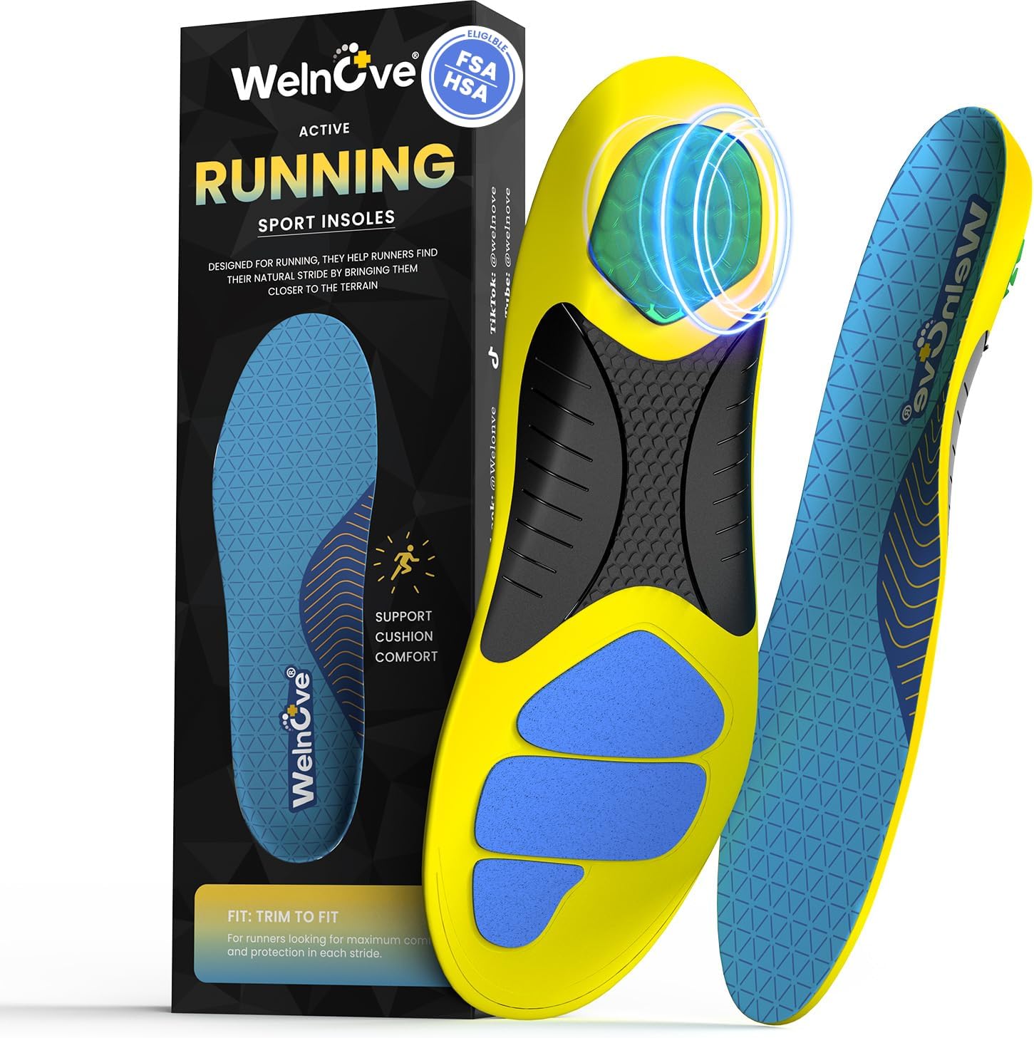 Lightweight Performance Sports Insoles Protective - Welnove Shock Absorbing Athletic Insoles for Running, Basketball, Fitness - Energy Return,Increased Performance,Injury Protection, Men Women (XL)