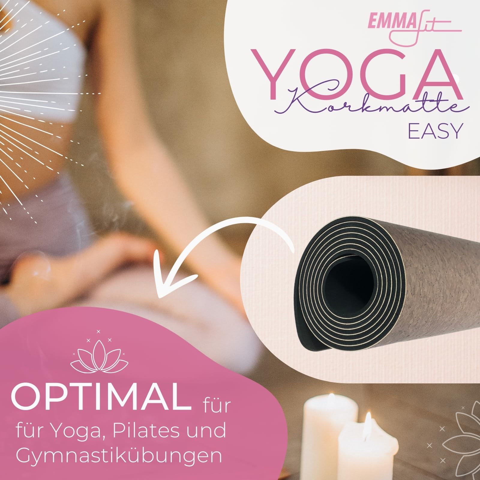 EMMAfit Kork Fitnessmatte I 183 x 65cm I rutschfeste Matte mit Naturkorkoberfläche für Yoga, Pilates & Gymnastik I hygienisch & umweltfreundlich I nachhaltige & langlebige Yoga-Matte