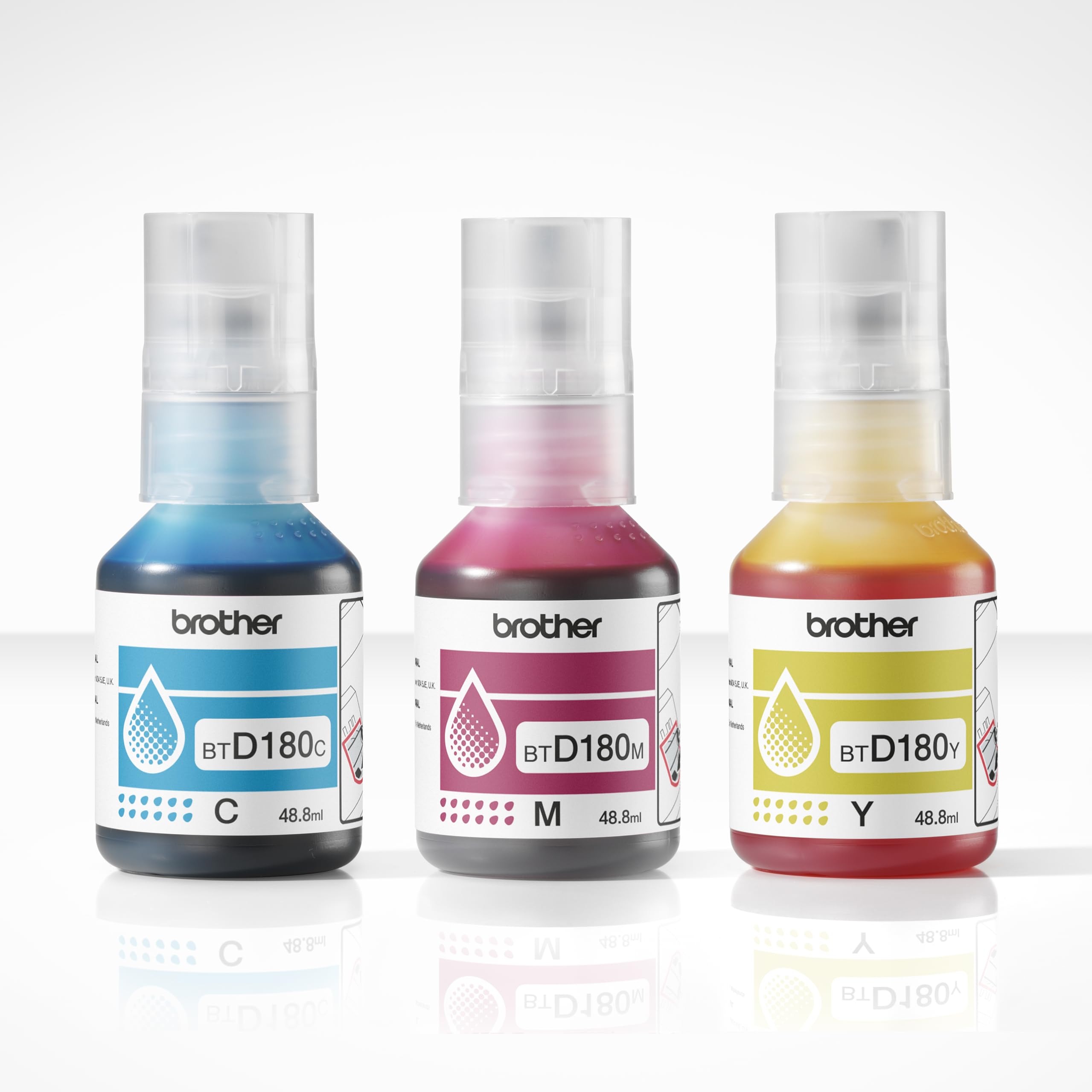 Brother BTD180CLVAL Ink Bottle Value Pack, C/Y/M, Includes 3 x Ink Bottles, Genuine Supplies - Image 2