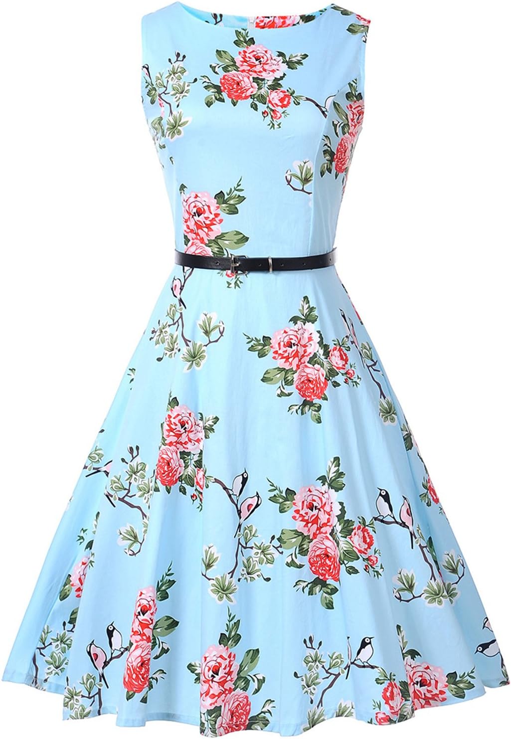 Womens 1950s Vintage Audrey Sleeveless Floral Print Tea Party Dress with Belt, D109 (Blue, 2XL)