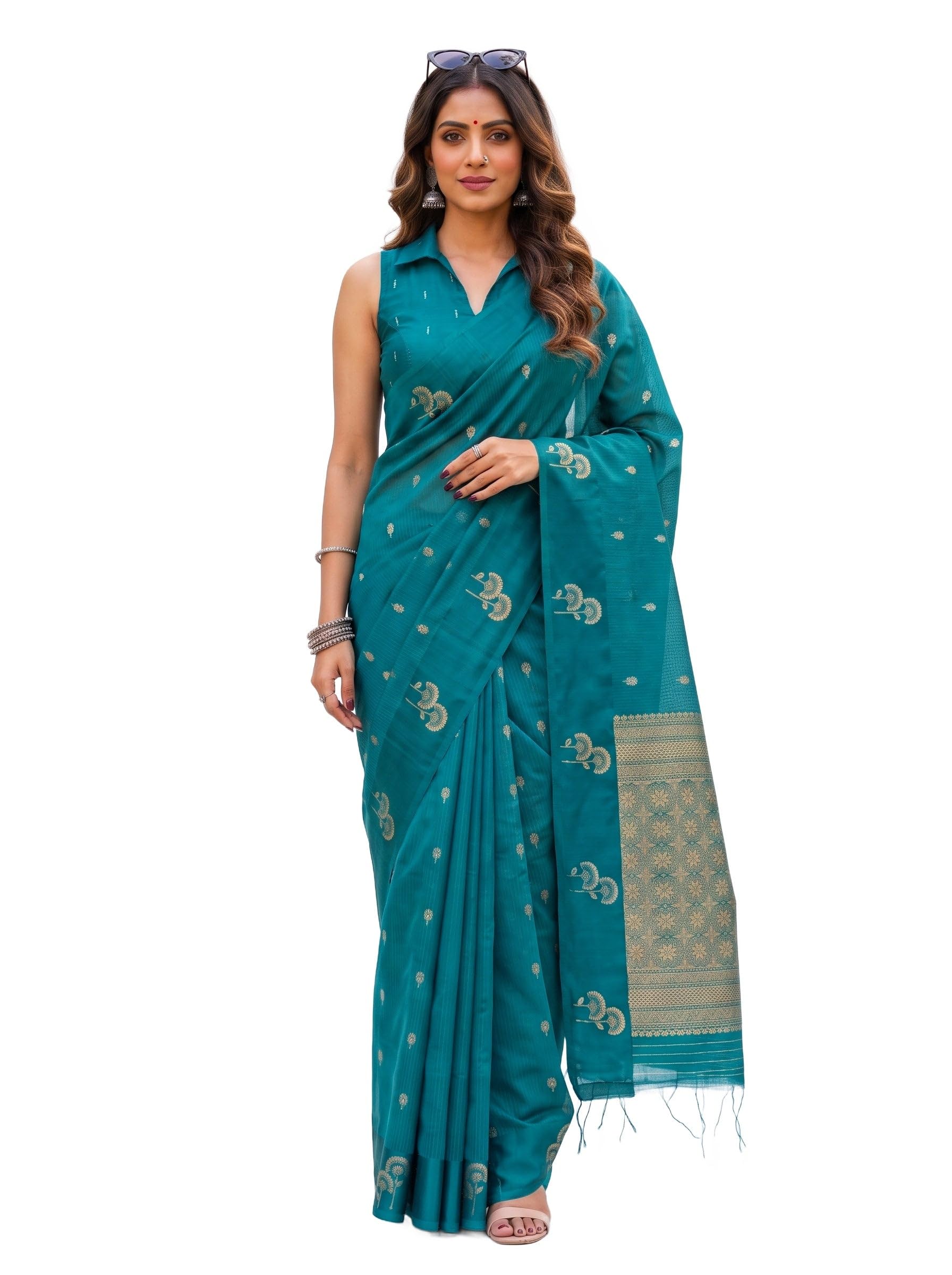 Women's Sapphire Linen Manipuri Saree (Unstitched Blouse) | Zari Woven | 6.2 Mtrs-image-41