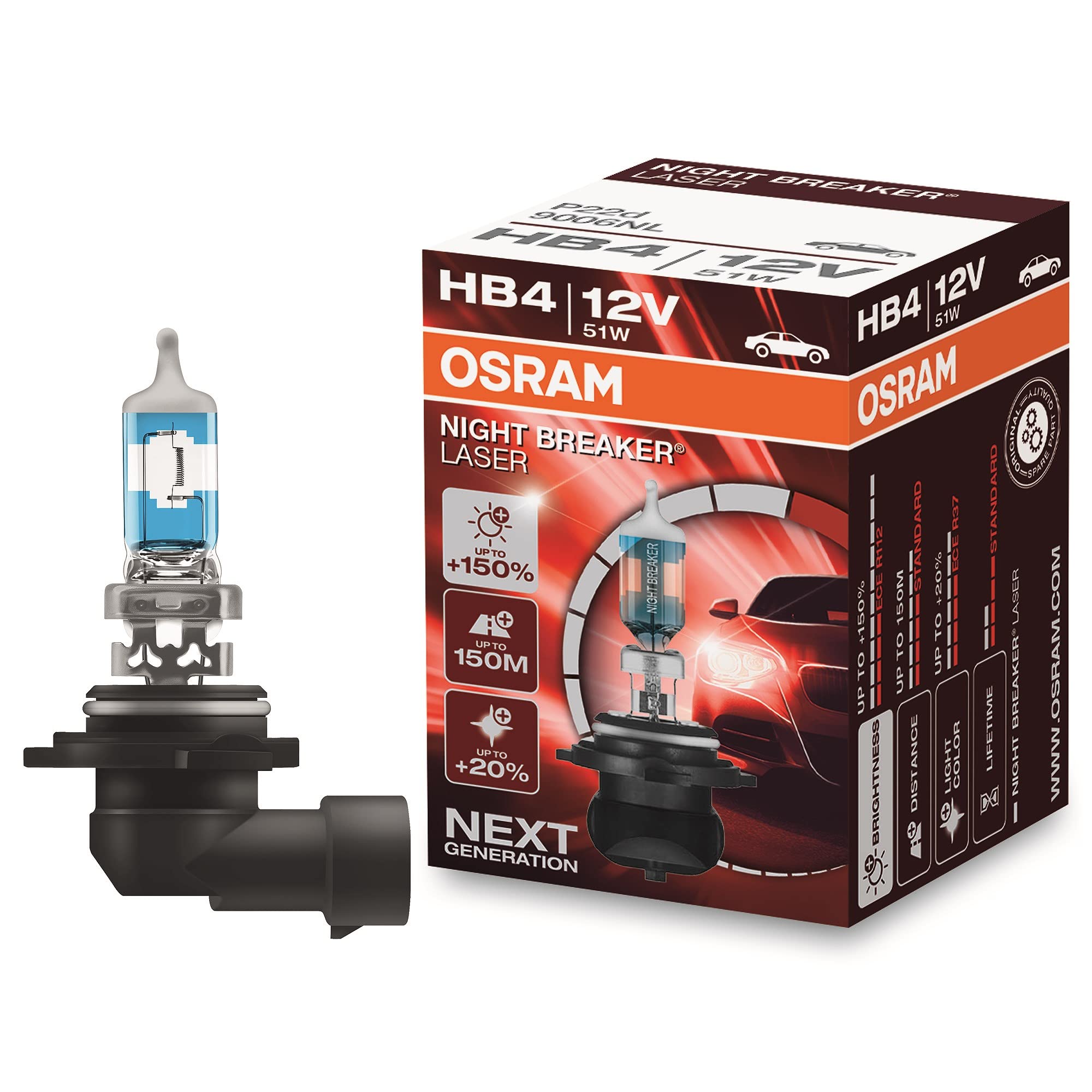 Osram Ampul Night Breaker Laser HB4 12V 51W%150'ye kadar Fazla Işık 150M'ye kadar Fazla Görüş Açısı,%20'ye kadar Beyaz Işık 9006NL