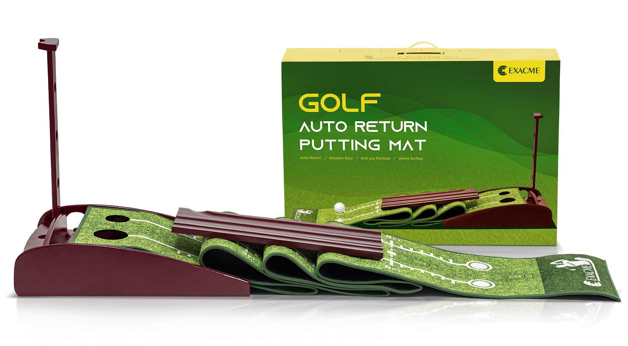 ExacMe Golf Putting Green for Indoor Outdoor, Putting Mats with Auto Ball Return and Wood Base, Golf Gift Practice Set Home Office Use, Crystal Velvet Mat, GF209/211