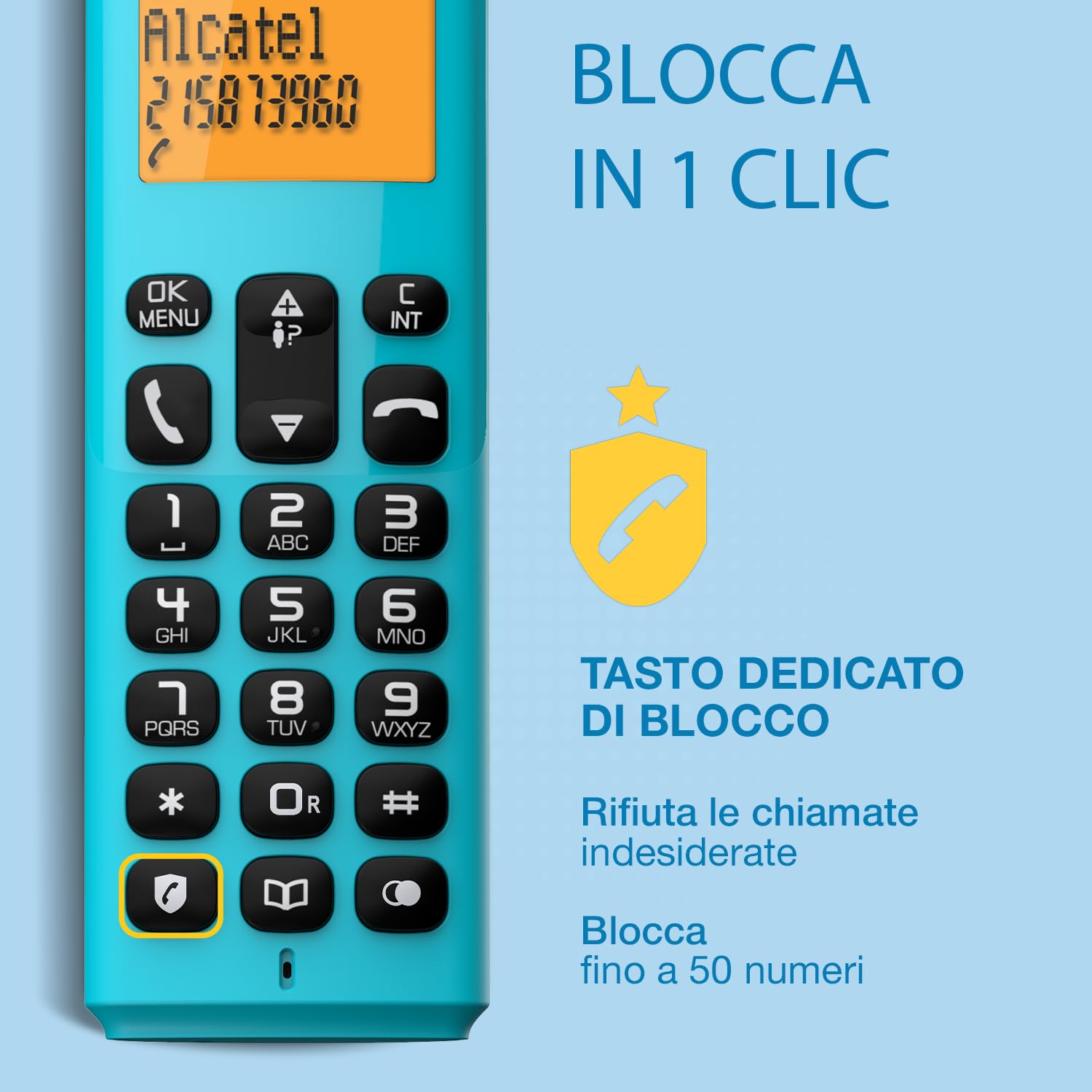 Alcatel E160 Blau Schnurloses DECT-Telefon mit Blockierung unerwünschter Anrufe, großes orangefarbenes hintergrundbeleuchtetes Display, leicht zu lesen, Klassische und polyphonische Klingeltöne
