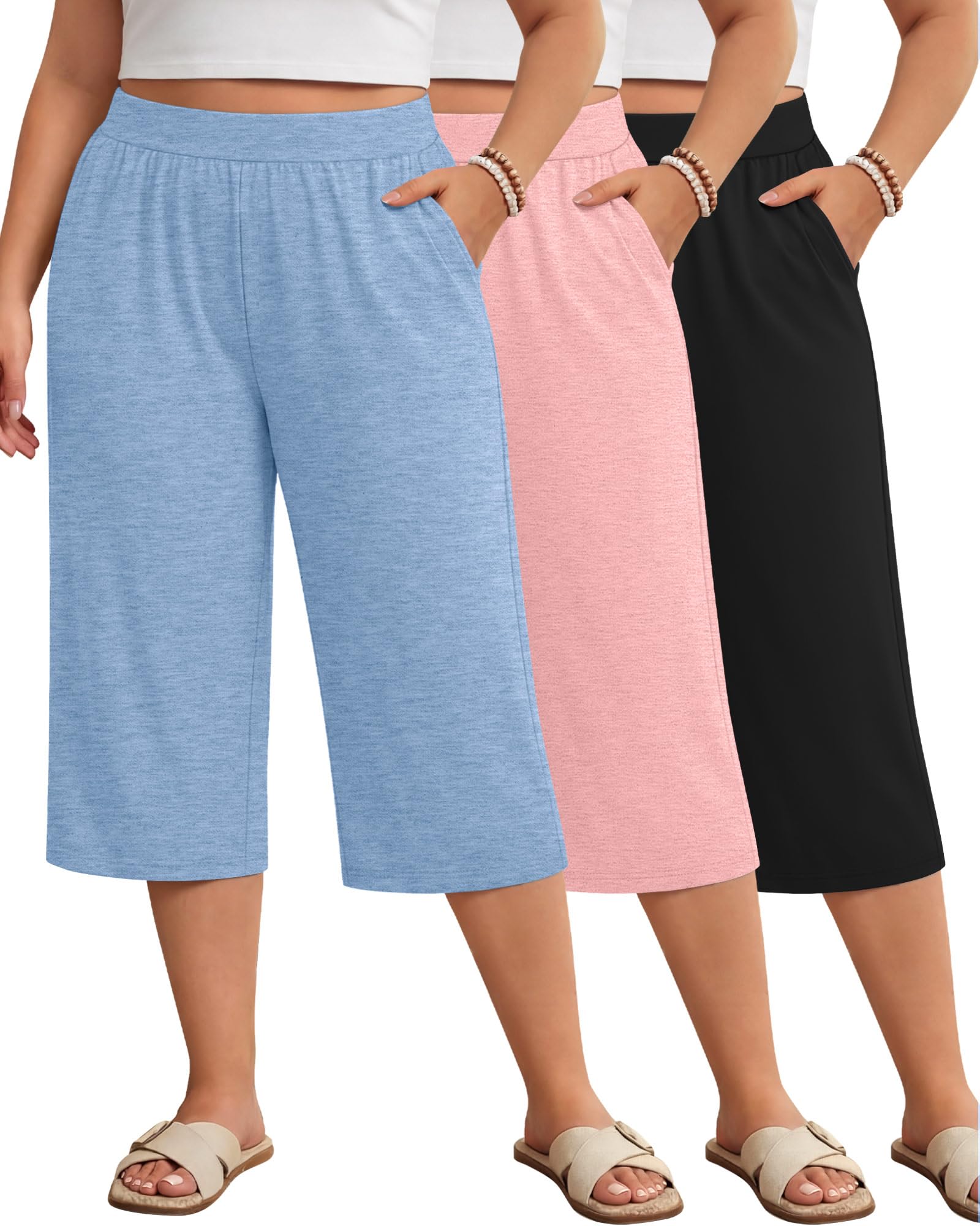 Huukeay 3 Pack Women's Plus Size Capri Pants Loose Fit Wide Leg Capris Sweatpants Summer High Waisted Yoga Pants with Pockets
