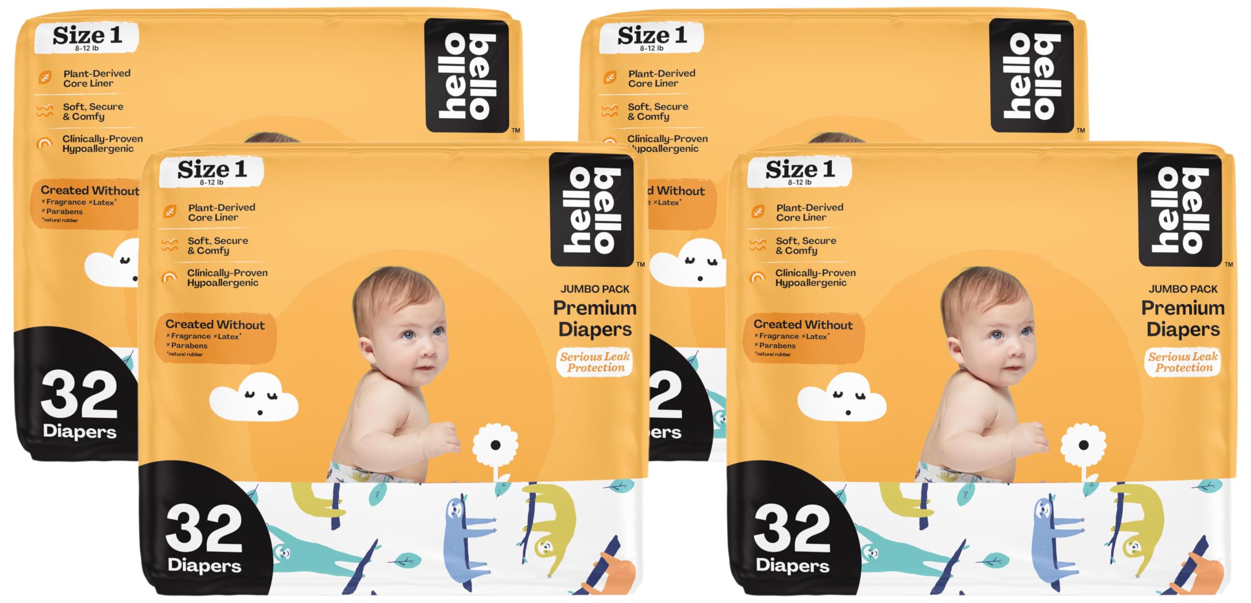 Hello Bello Premium Baby Diapers Size 1 I 32 Count of Disposable, Extra-Absorbent, Hypoallergenic Baby Diapers with Snug and Comfort Fit I Sleepy Sloth (Pack of 4)