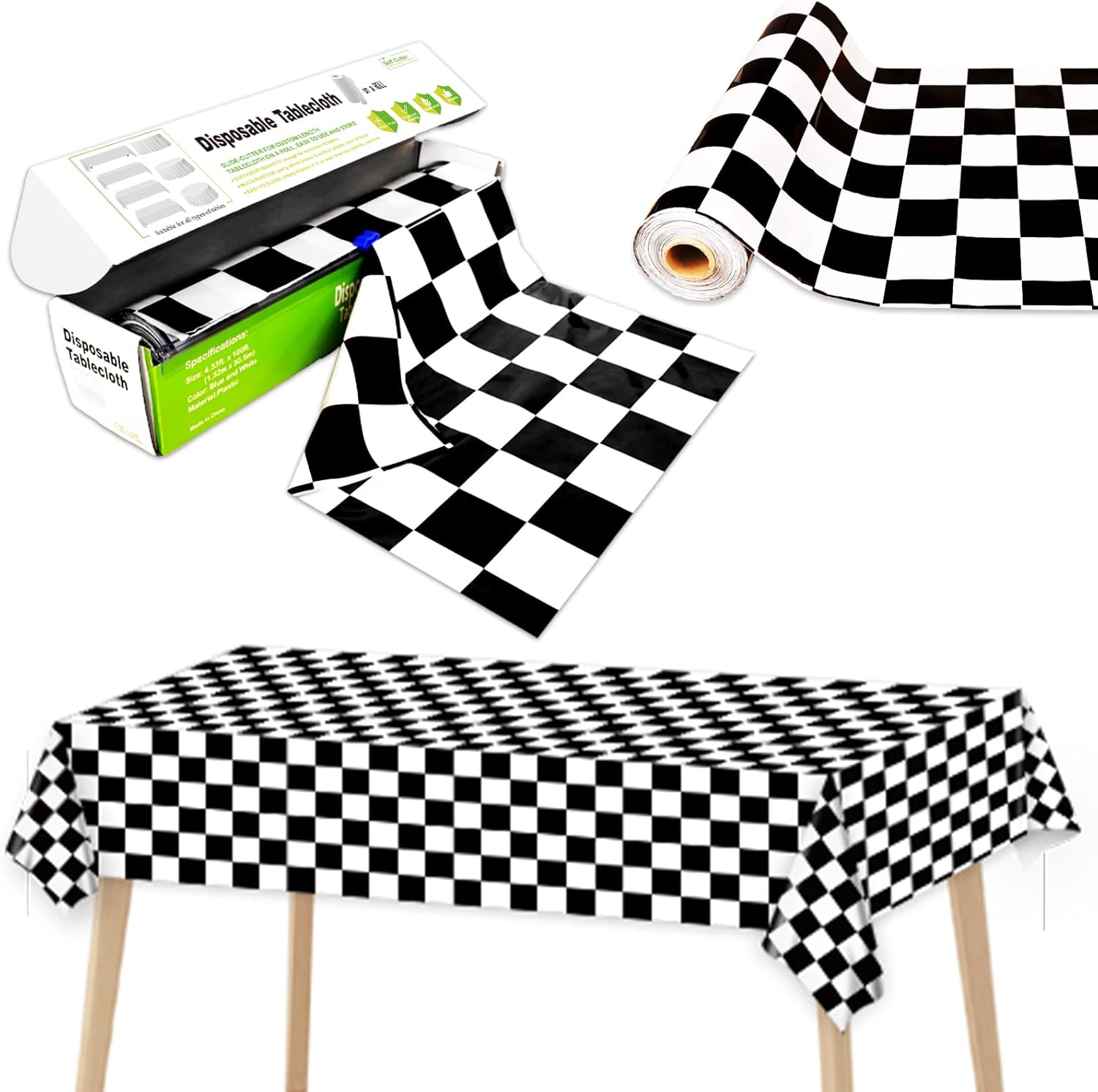 Black and White Checkered Tablecloth Roll 52 in x 100 Ft