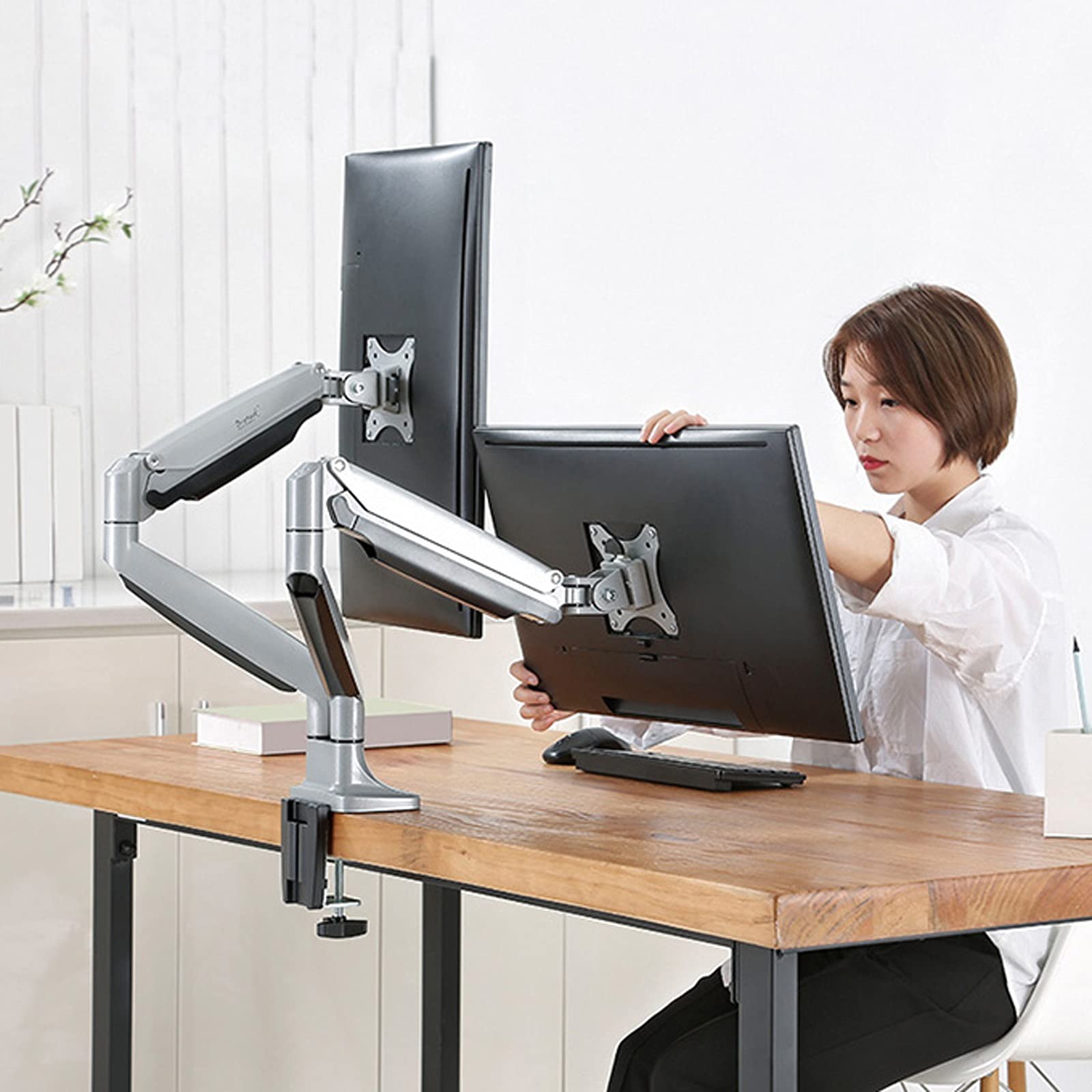 Supporto per Monitor a Doppio Schermo con Supporto per Monitor Regolabile con Molla a Gas, Supporto per Monitor da scrivania, Braccio per Schermo da 17-32 Pollici, Staff