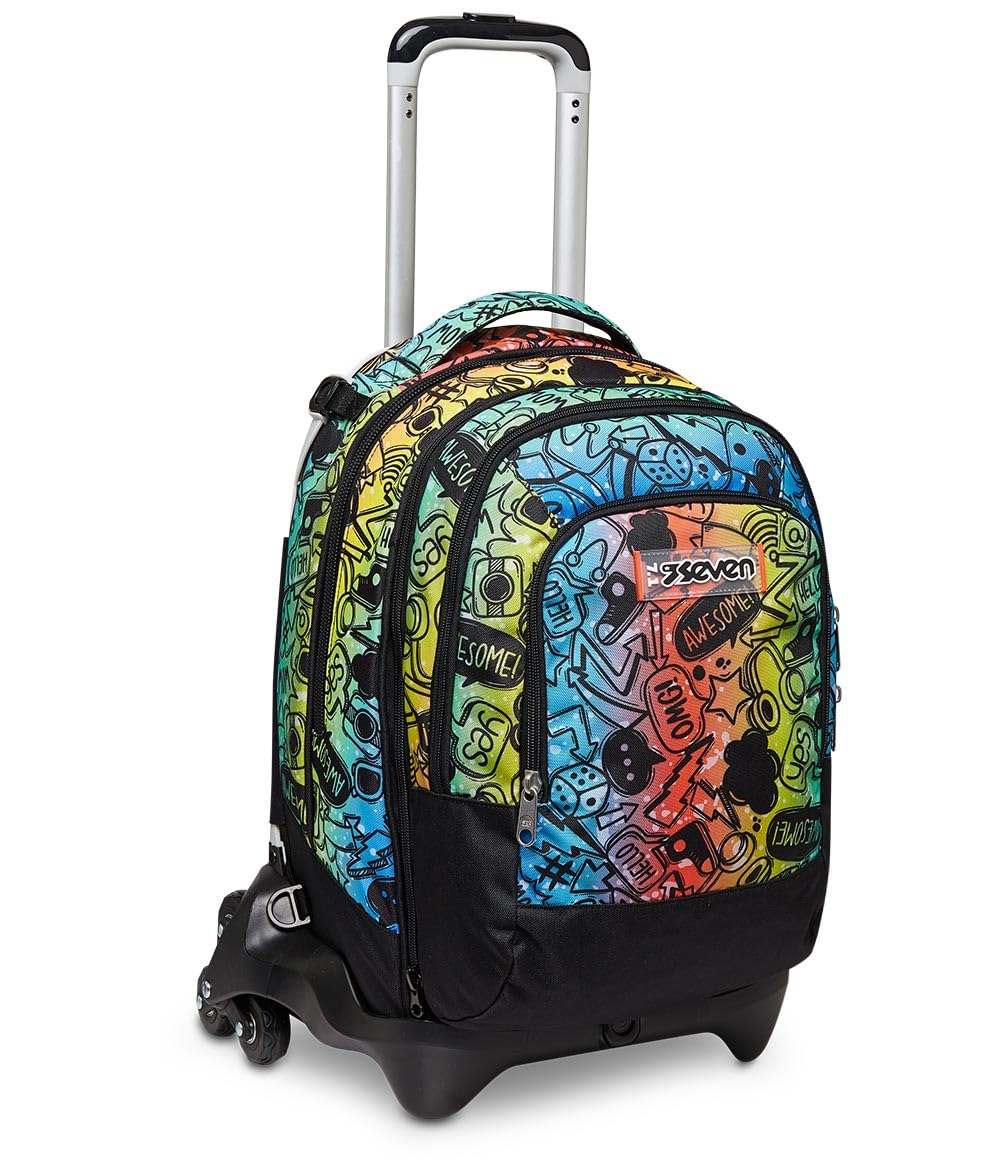 Trolley Scuola Seven JACK 3 RUOTE DETACH -FLUO STAMP, Multicolore -Zaino Uso 3in1 -Tasca frontale -CrossOver System -Tasca Porta Borraccia -Maxi ruote, Zaino Scuola, Trolley Viaggio Bambino