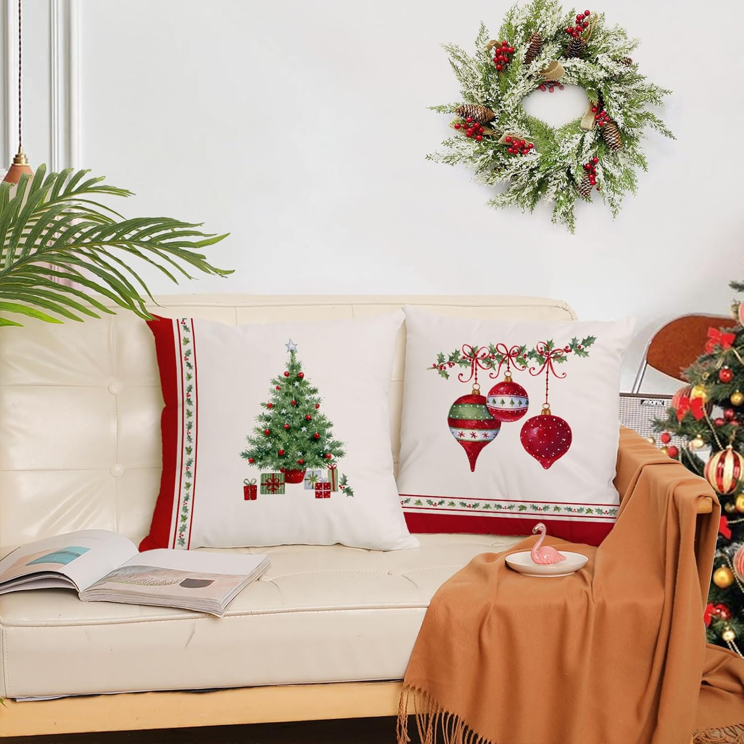 YeeJu Set of 4 Merry Christmas Decorative Throw Pillow Covers Winter Holiday Xmas Velvet Pillow Cases Christmas Trees Socks Cushion Covers Outdoor Sofa and Home Decor Pillow Protectors 22x22 Inch