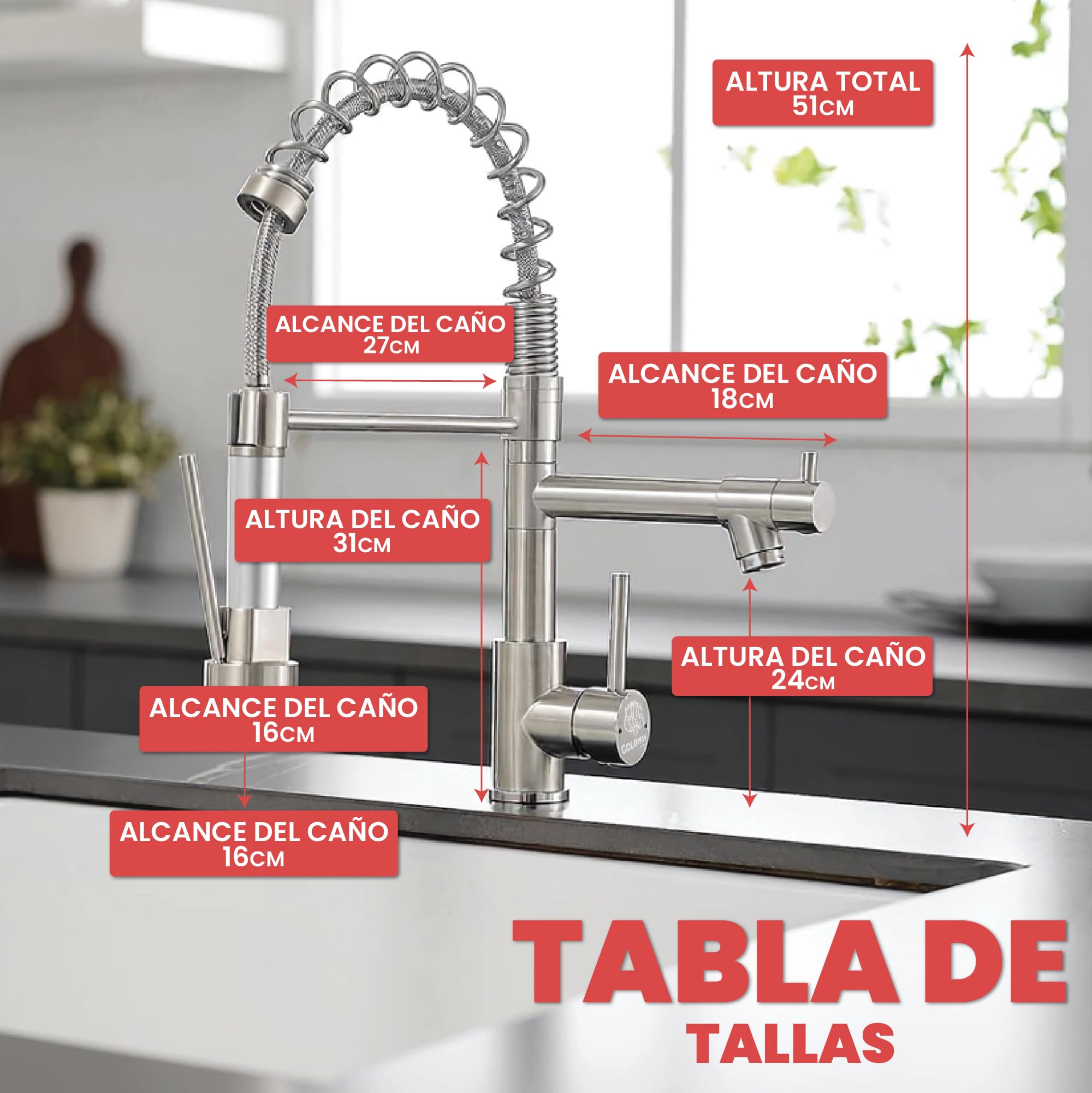 GOLDMAN SERVICE | Grifo Cocina Monomando Extraíble con Caño – Acero Inoxidable, 2 Modos Agua (Spray/Flujo), Giratorio 360°, Manguera 40cm, Instalación Rápida, Grifo Fregadero Flexible