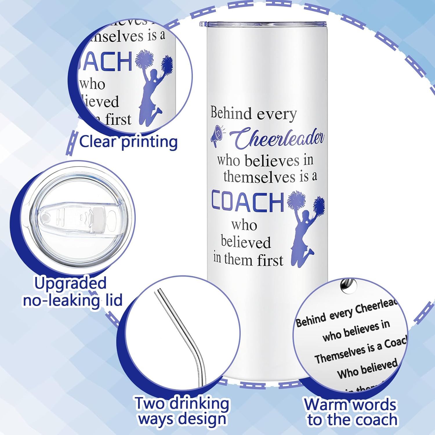 Suclain 2 Pcs Cheer Coach Gifts Set for Women 20 oz Cheerleader Tumbler with Lid Straw and Cheerleading Coach Keychain for Coach Cheerleader Birthday Retirement Gifts(Blue) - Image 3