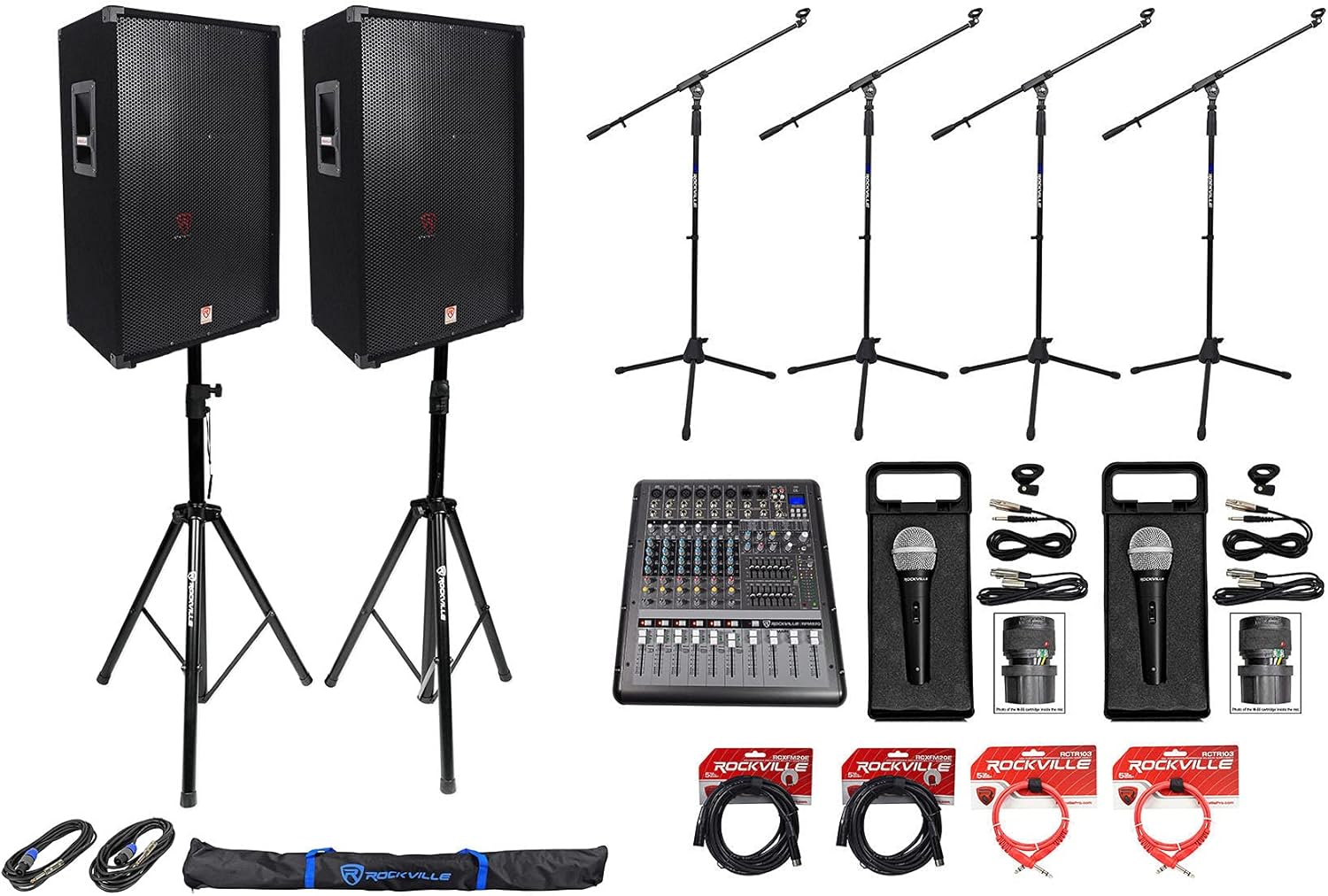 2 Rockville RSG15 15 3Way DJ PA Speakers+Powered Mixer