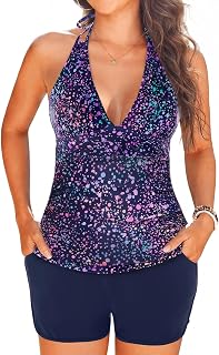Women's Tankini Swimsuit with Shorts - Halter Two Piece Swimsuit 2025 Tummy Control Bathing Suit with Pockets Price In India