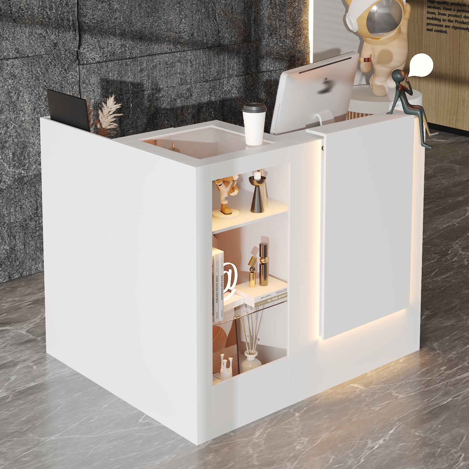 Tavolo di ricezione angolare con cassetto della tastiera, cassetta L con 3 luci colorate, bancone con vetrina in vetro, tavolo reception, bancone