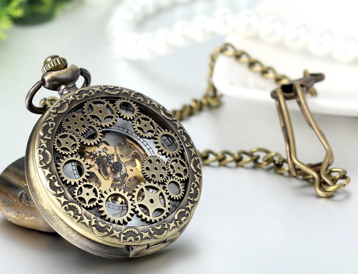 JewelryWe Steampunk Classic Antique Half Hunter Hollow Gear Wheel Skeleton Hand Wind Mechanical Pocket Watch with Chain