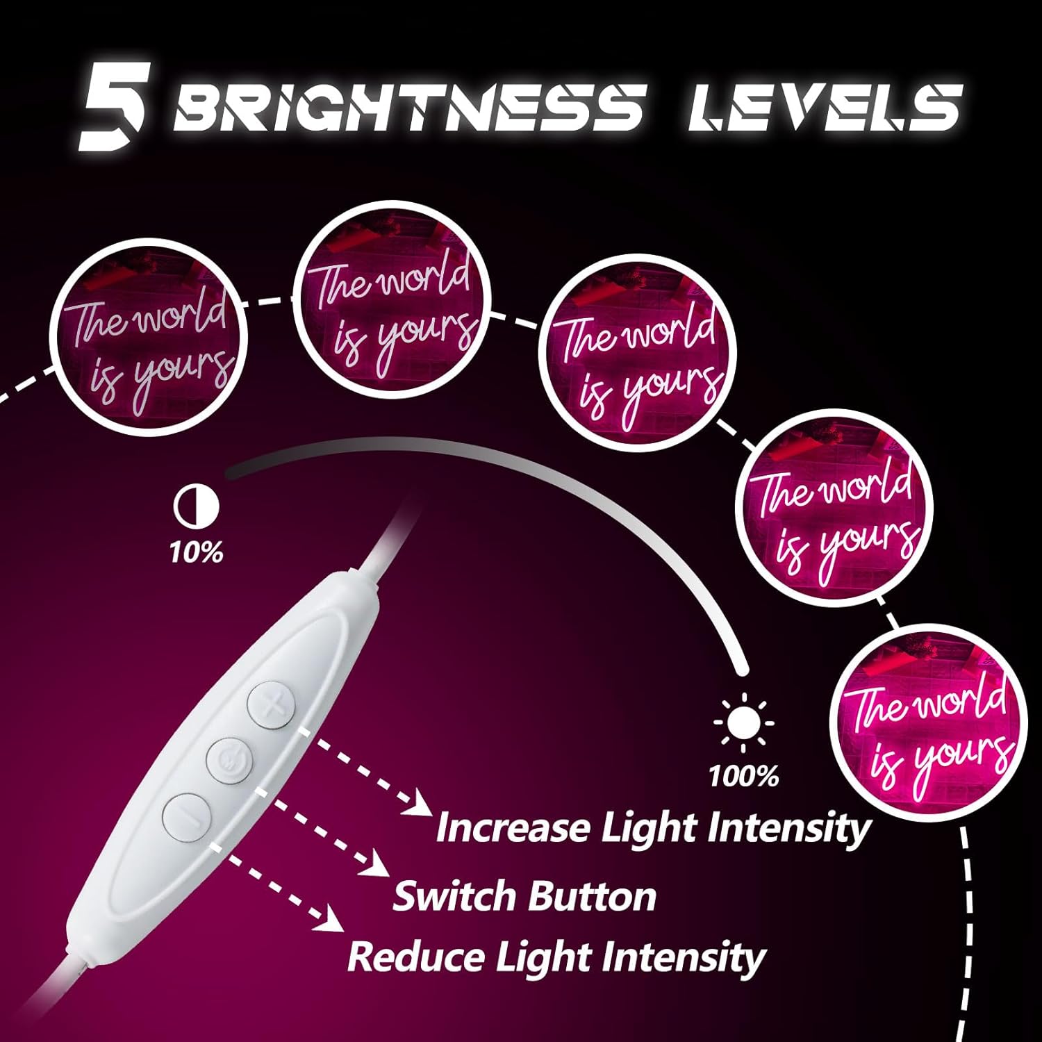 The World is Yours Neon Sign, Dimmable Word Lights for Wall Decor, Pink LED Neon Signs, World Neon Light up Sign for Bedroom Office Graduation Party Girl Room Birthday Present Engagement Valentine - Image 4