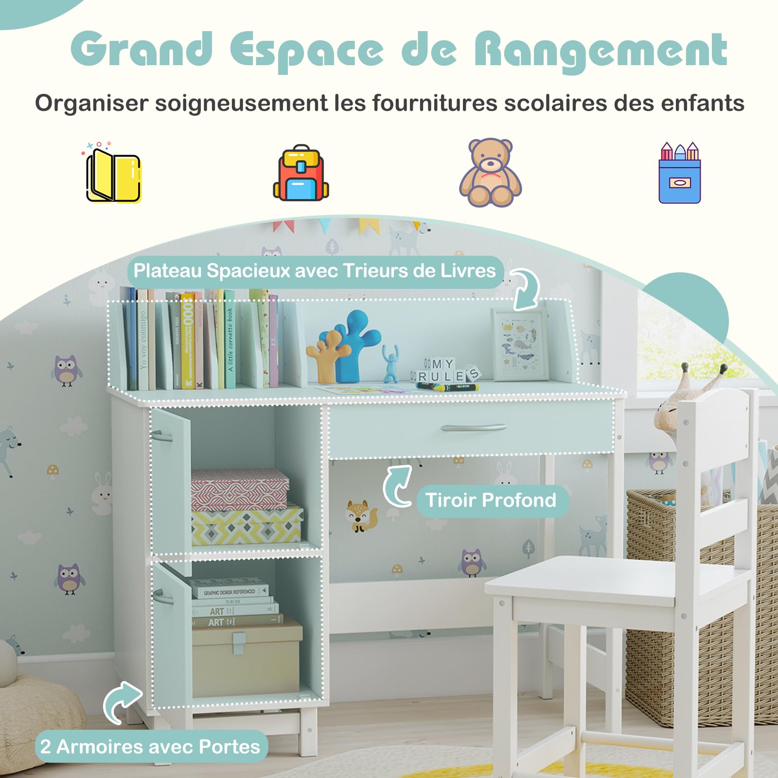 GOPLUS Kinderbureau met stoelset, kinderbureauset met lade