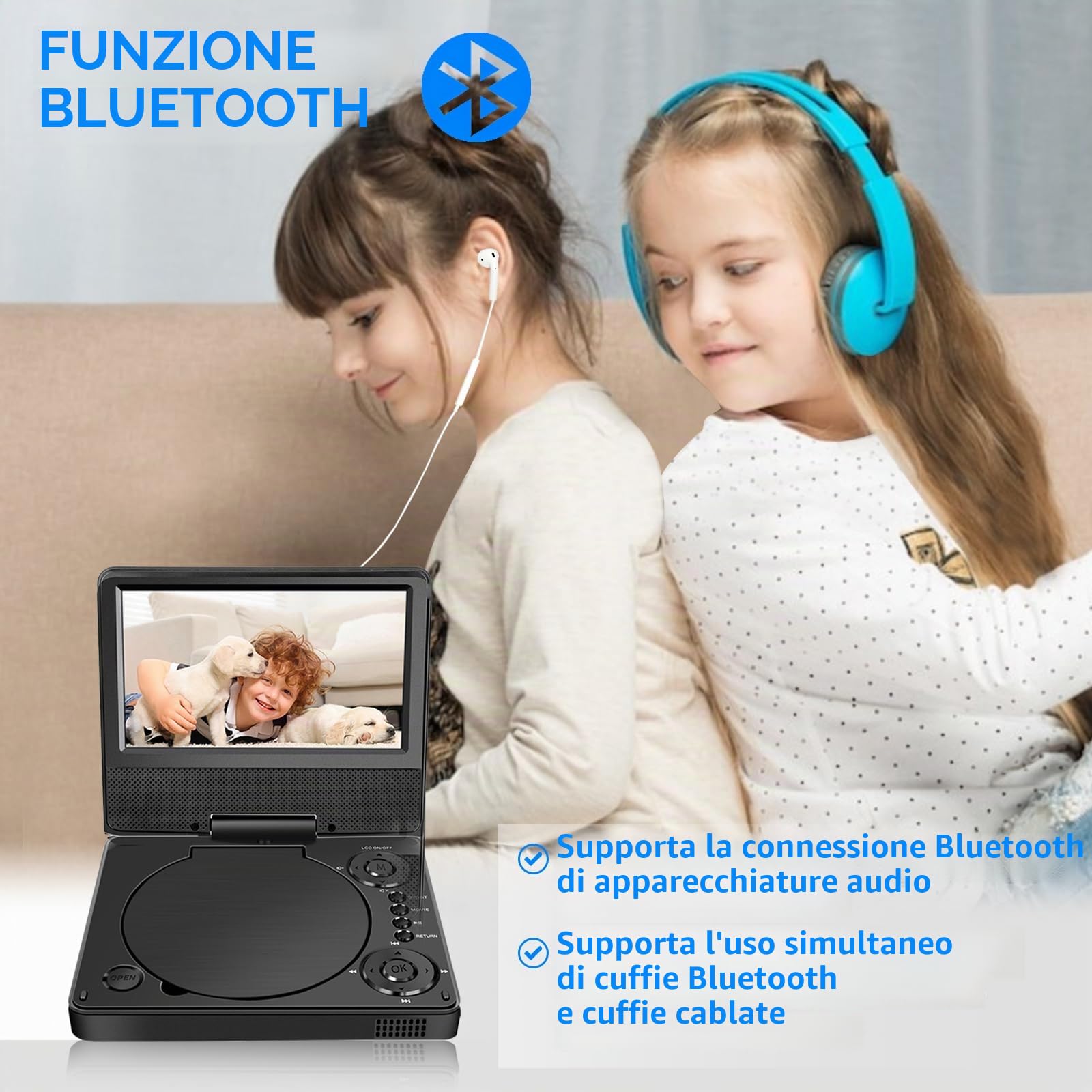 YOOHOO Lettore DVD portatile Bluetooth 9,5" HD per bambini