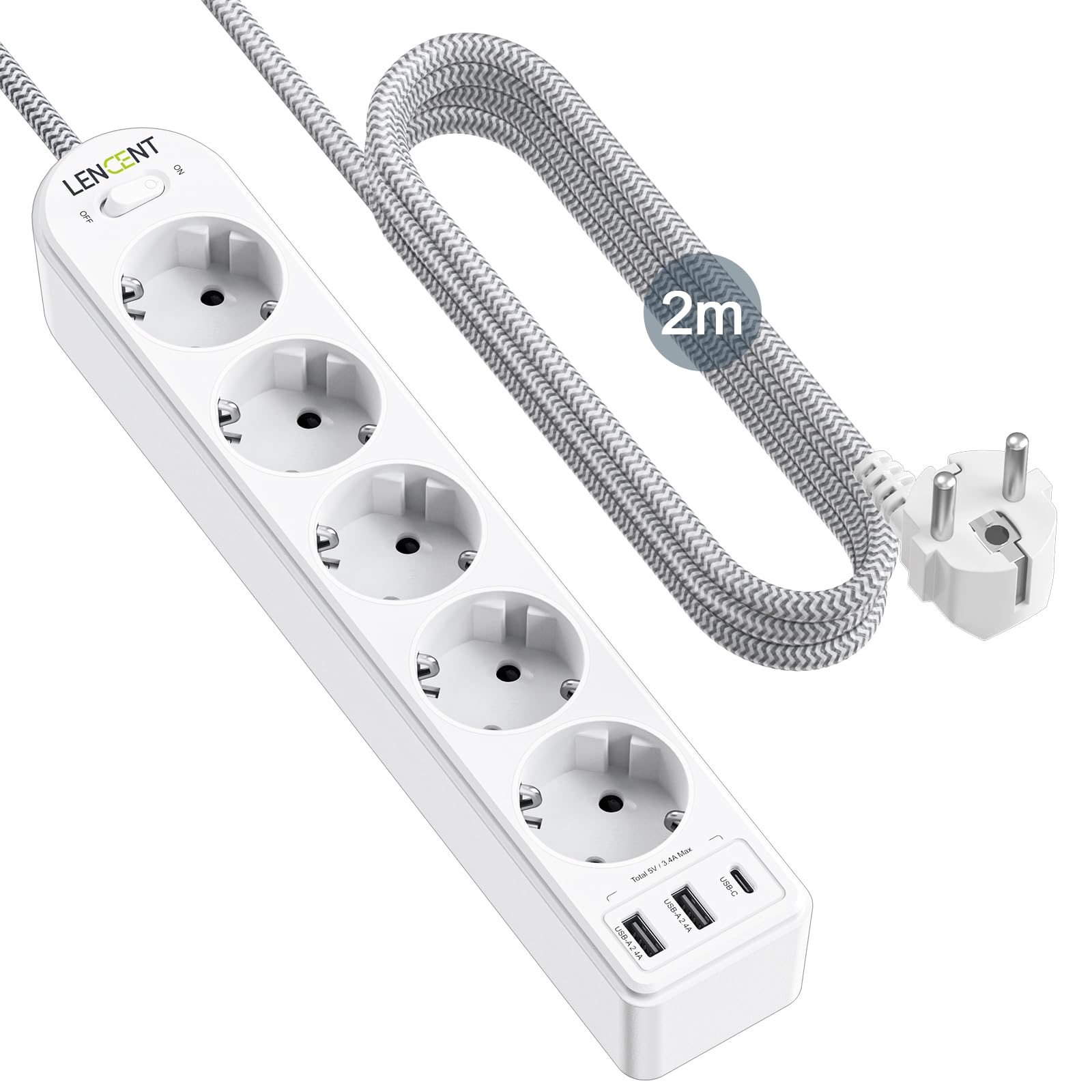 LENCENT 8 En 1 Regleta Enchufes de 5 Tomas Corrientes y 2 USB-A y 1 USB-C para Cocina y Salón
| LENCENT 8 En 1 Regleta 