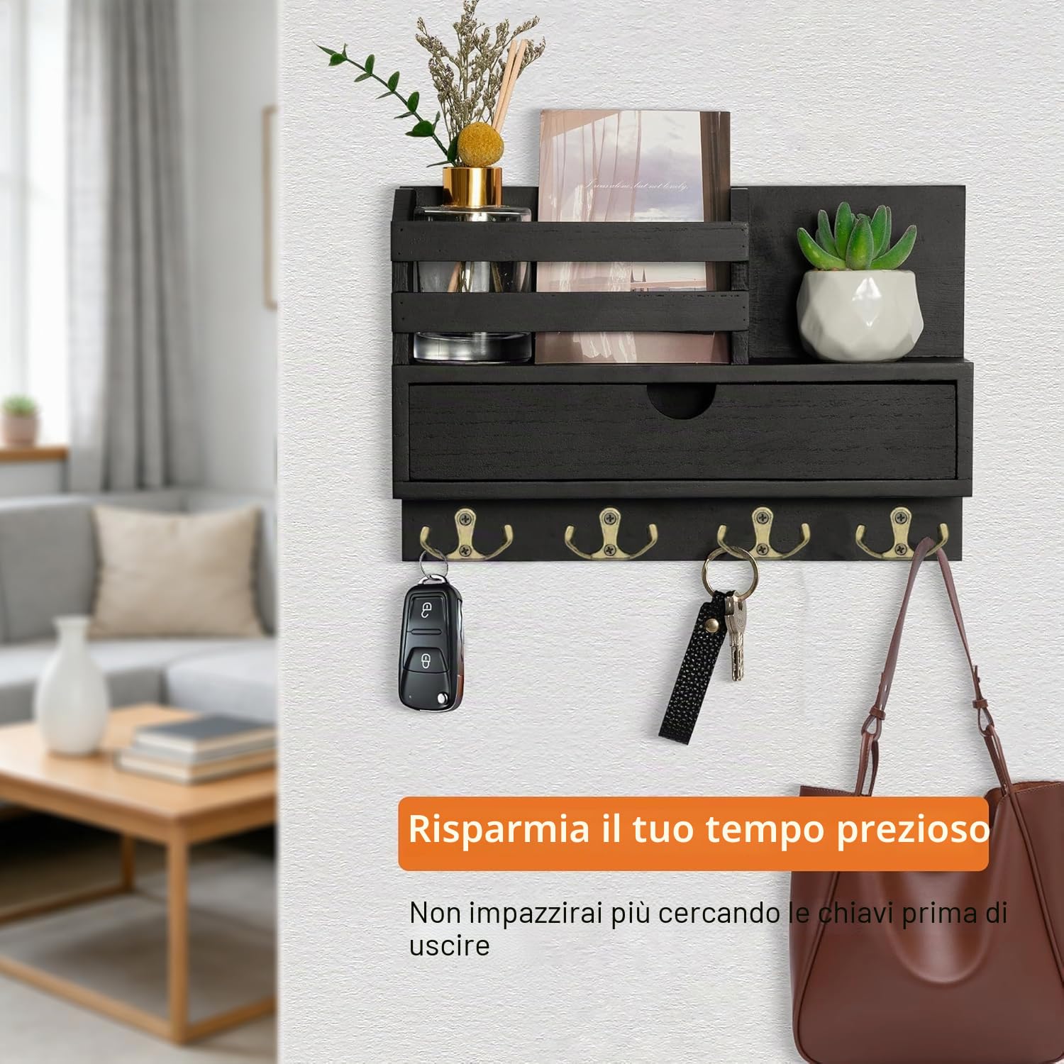 Portachiavi da Parete con Cassetto Portaoggetti, Portachiavi in Legno con 4 Doppio Ganci, Mensola da Parete per Portachiavi, Appendi Chiavi a Muro per Casa, Ingresso, Ufficio - Nero