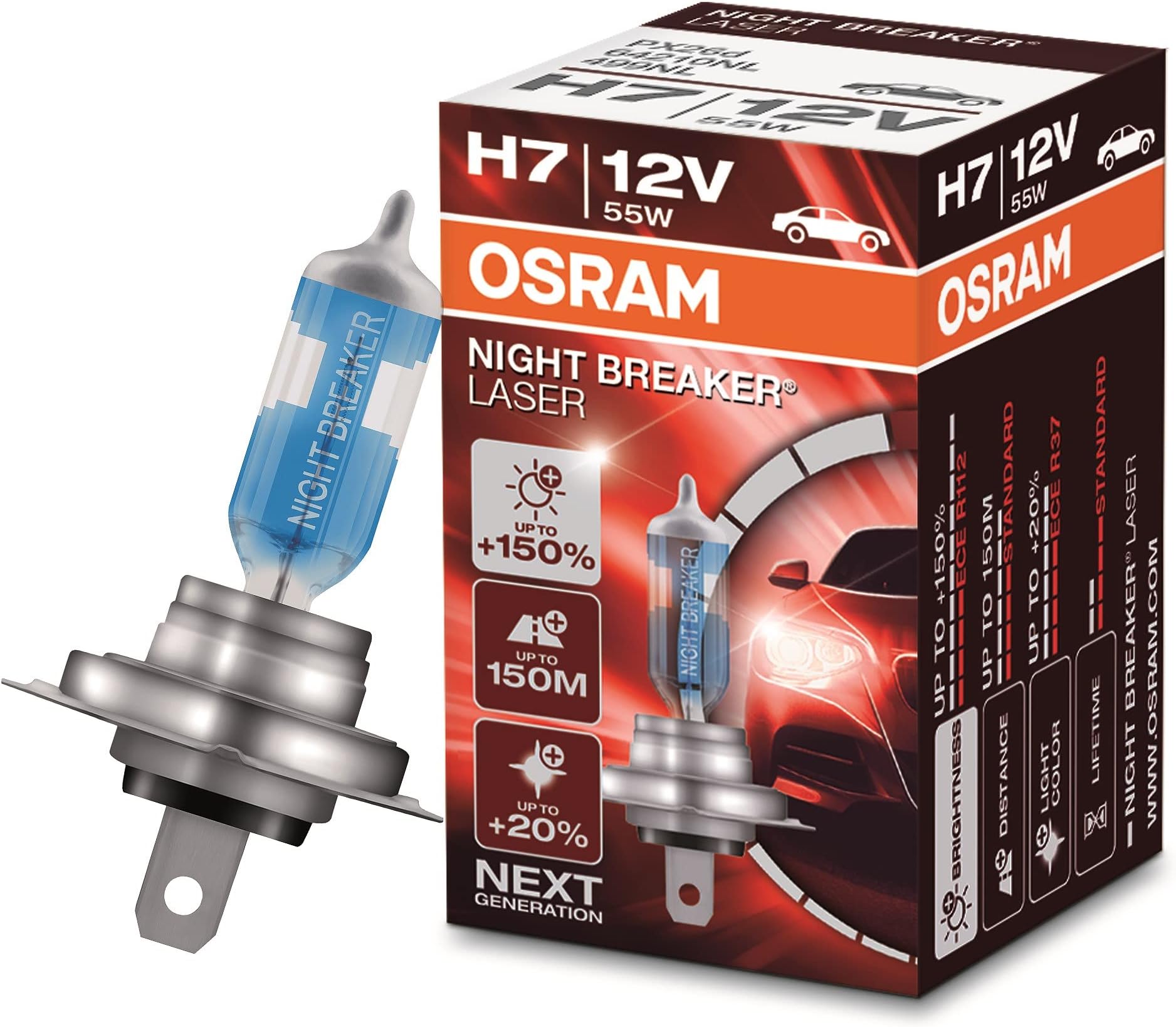 OSRAM NIGHT BREAKER LASER H7, +150% more brightness, halogen headlight lamp, 64210NL, 12V, folding box (1 lamp)