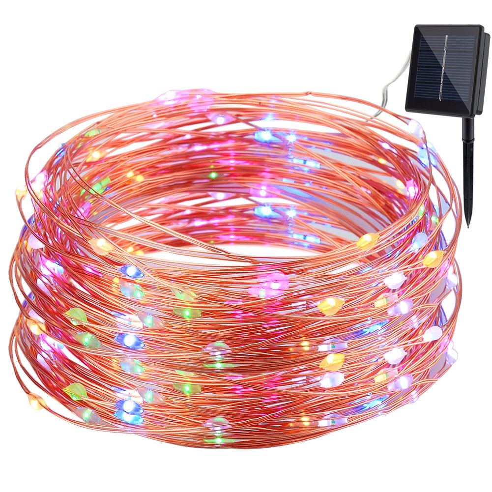 GDEALERSolar Copper Wire Lights, 100LED 33ft Copper Wire Lights Waterproof Wire Rope Lights Ambiance Lighting for Outdoor Landscape Patio Garden Bedroom Camping Christmas Party Wedding-RGB (1 Pack)