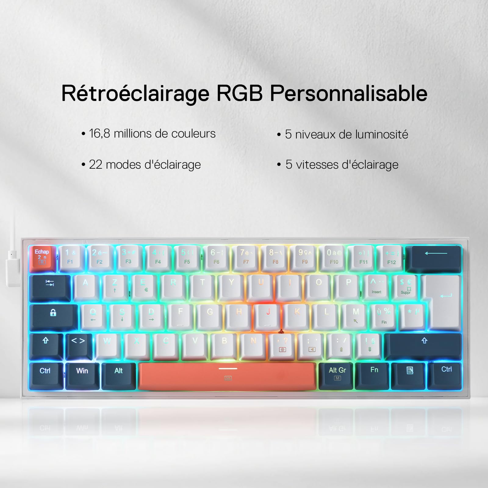 Redragon K617 Clavier de Jeu RVB Filaire 60%, AZERTY Clavier mécanique Compact 61 Touches, commutateur Rouge linéaire, Prise en Charge des Pilotes Pro, FR Layout