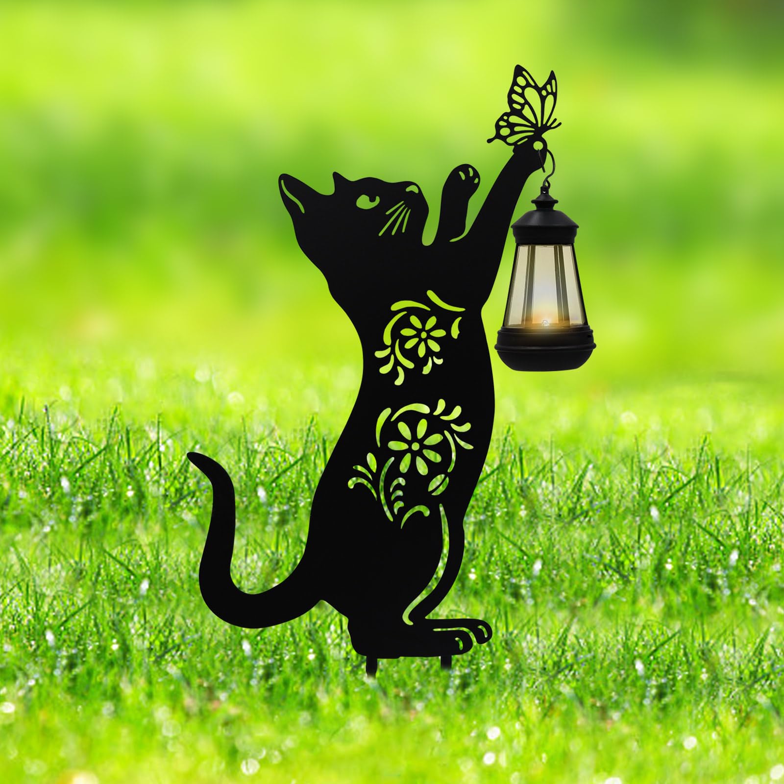 Neeenn Metal Cat Stake with Solar-Powered Light, Outdoor Solar Decorative Cat Stake, Black Cat Holding Solar Lantern Decor Stake for Outdoor Garden Lawn Yard