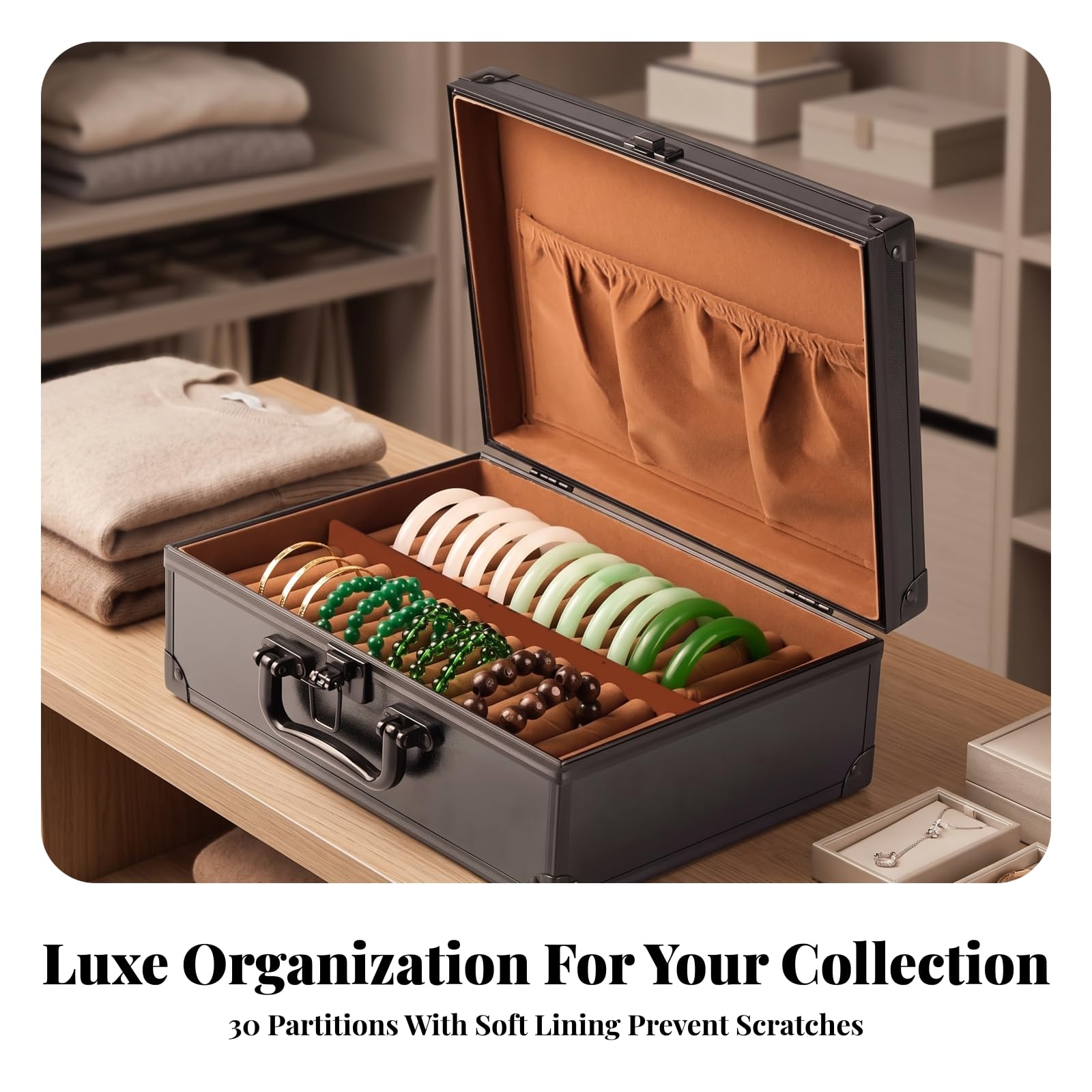 TISHITA Organizador Rejillas Portátil | Caja para Pulseras con 30 Compartimentos, Compacto, Joyero, Tocador, Negro