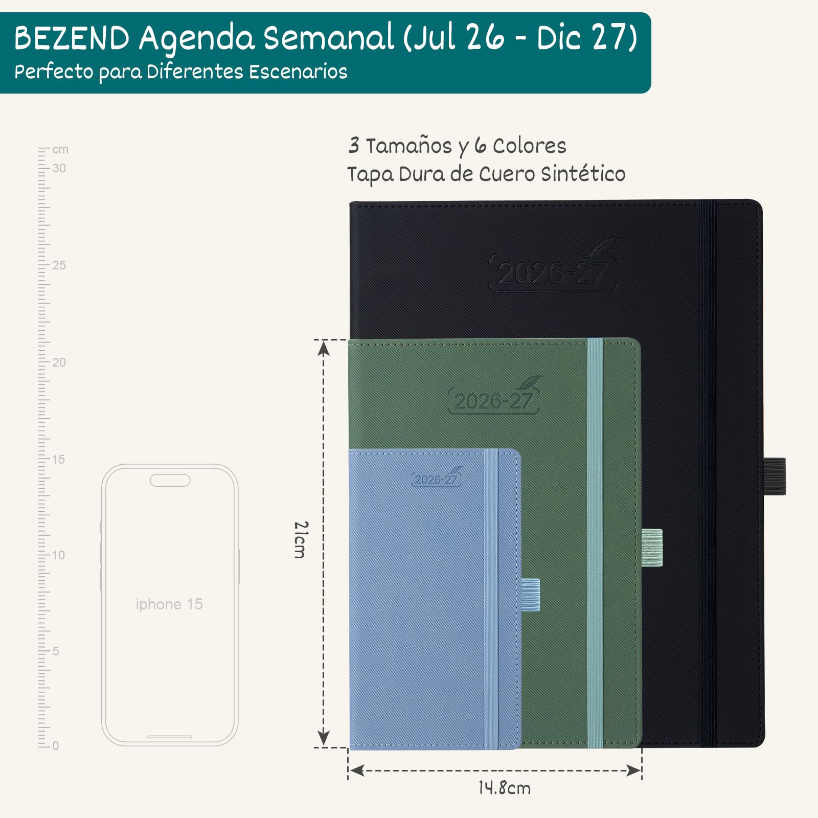 BEZEND Agenda Escolar 2026 2027 Semana Vista A5 Horizontal, 18 Meses de Jul.26 a Dic.27, Agenda Semanal 15,5 x 21 cm, Tapa Dura Cuero PU - Oliva