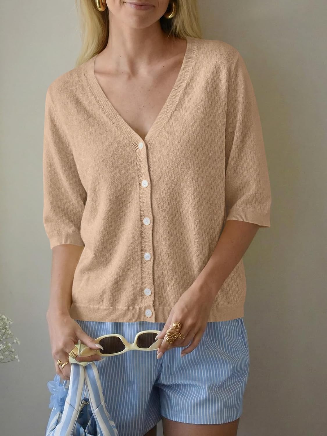 Saodimallsu Womens Half Short Sleeve Cardigans Summer Lightweight Knit V Neck Button Down Casual Sweater Tops - Image 3